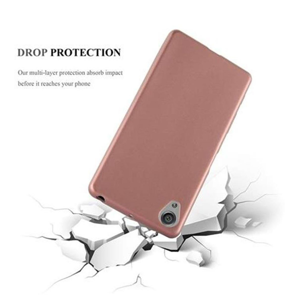 Custodia per telefono oro rosa che cade, rompendo un blocco bianco. Sfondo bianco.
