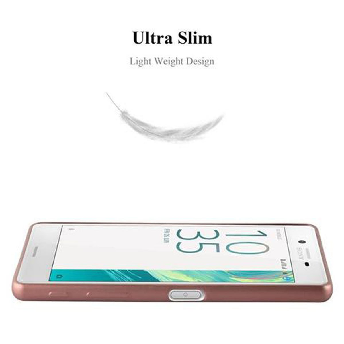 Un telefono color oro rosa piatto con schermo bianco, piuma sopra.