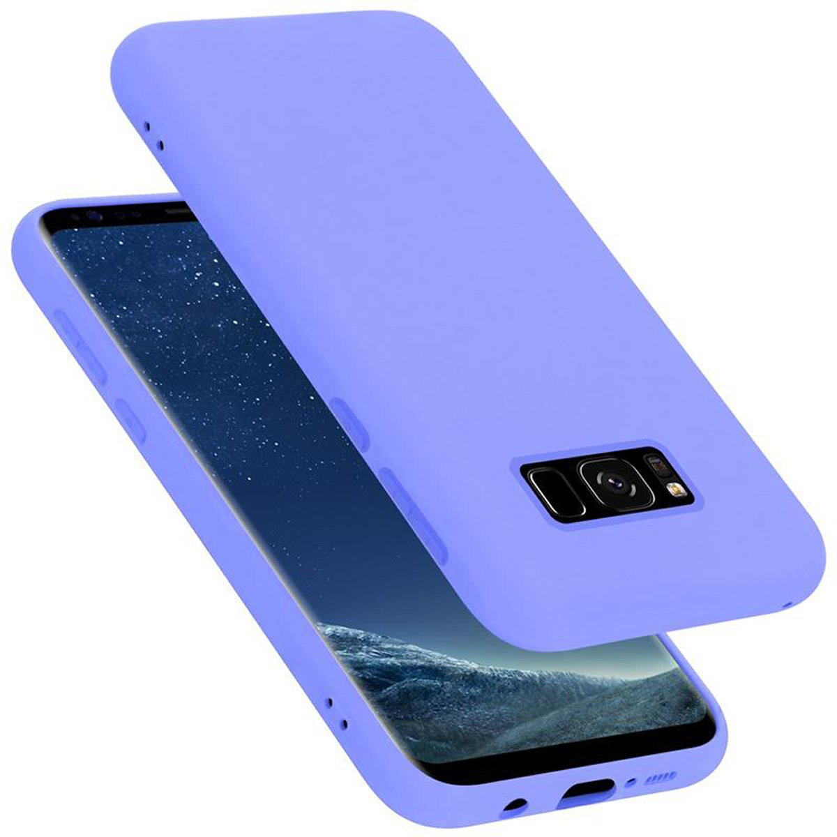 Custodia viola per telefono, due pezzi. Mostra la forma del telefono, superiore e inferiore.
