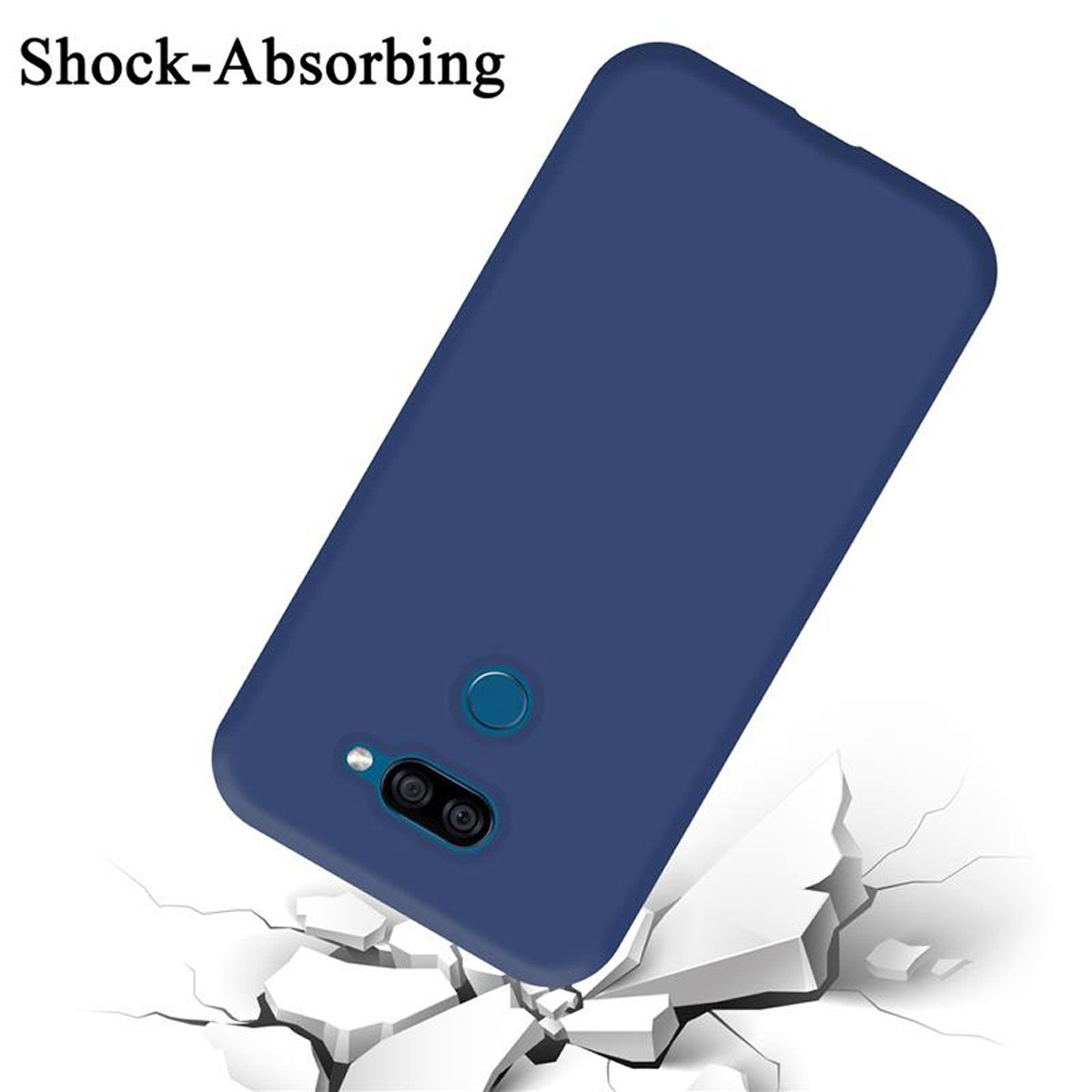 Custodia per telefono blu. Telefono angolato, terreno bianco rotto. Testo assorbimento urti.