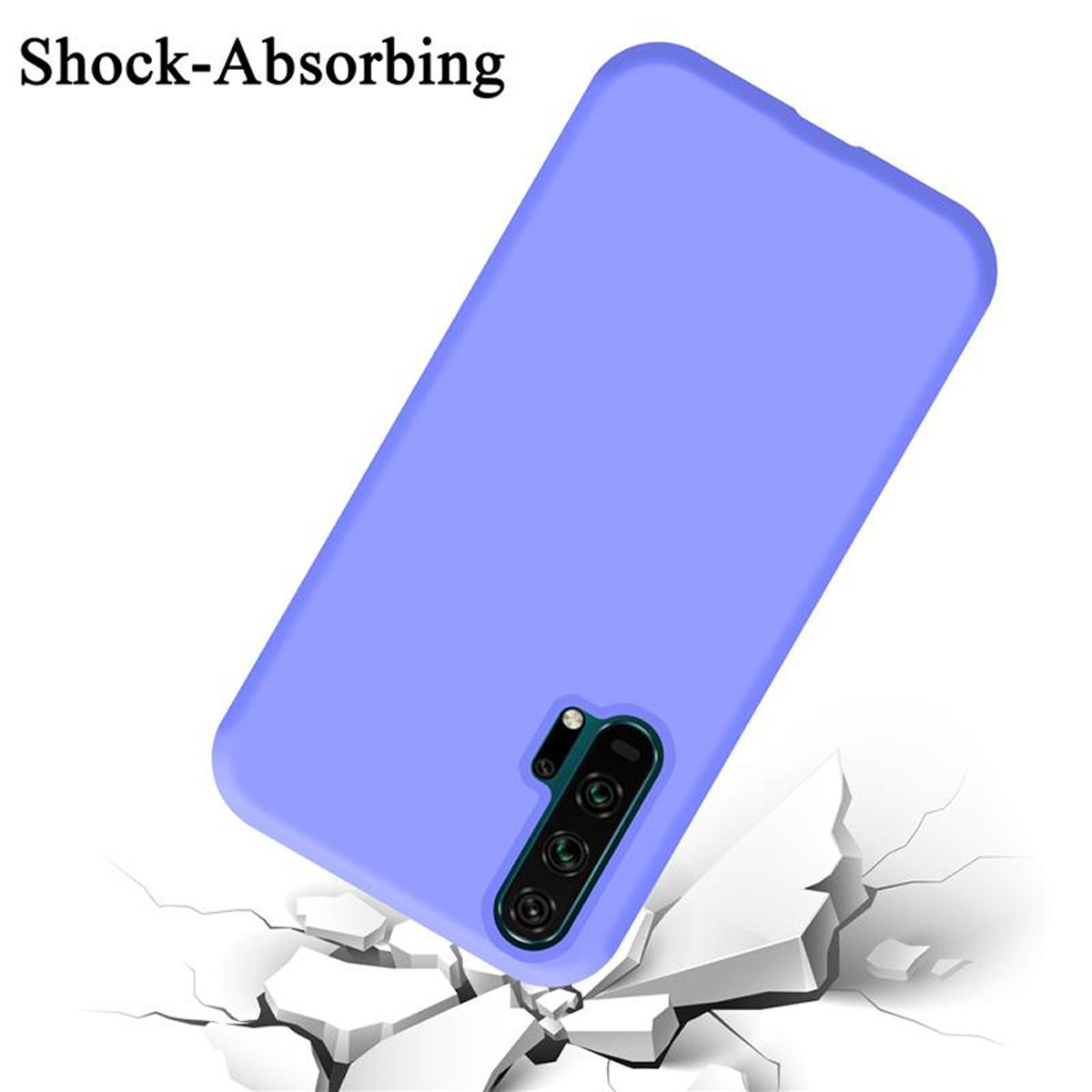 Custodia blu per telefono su una superficie bianca, con crepe. La custodia è etichettata 'Assorbimento degli urti'.