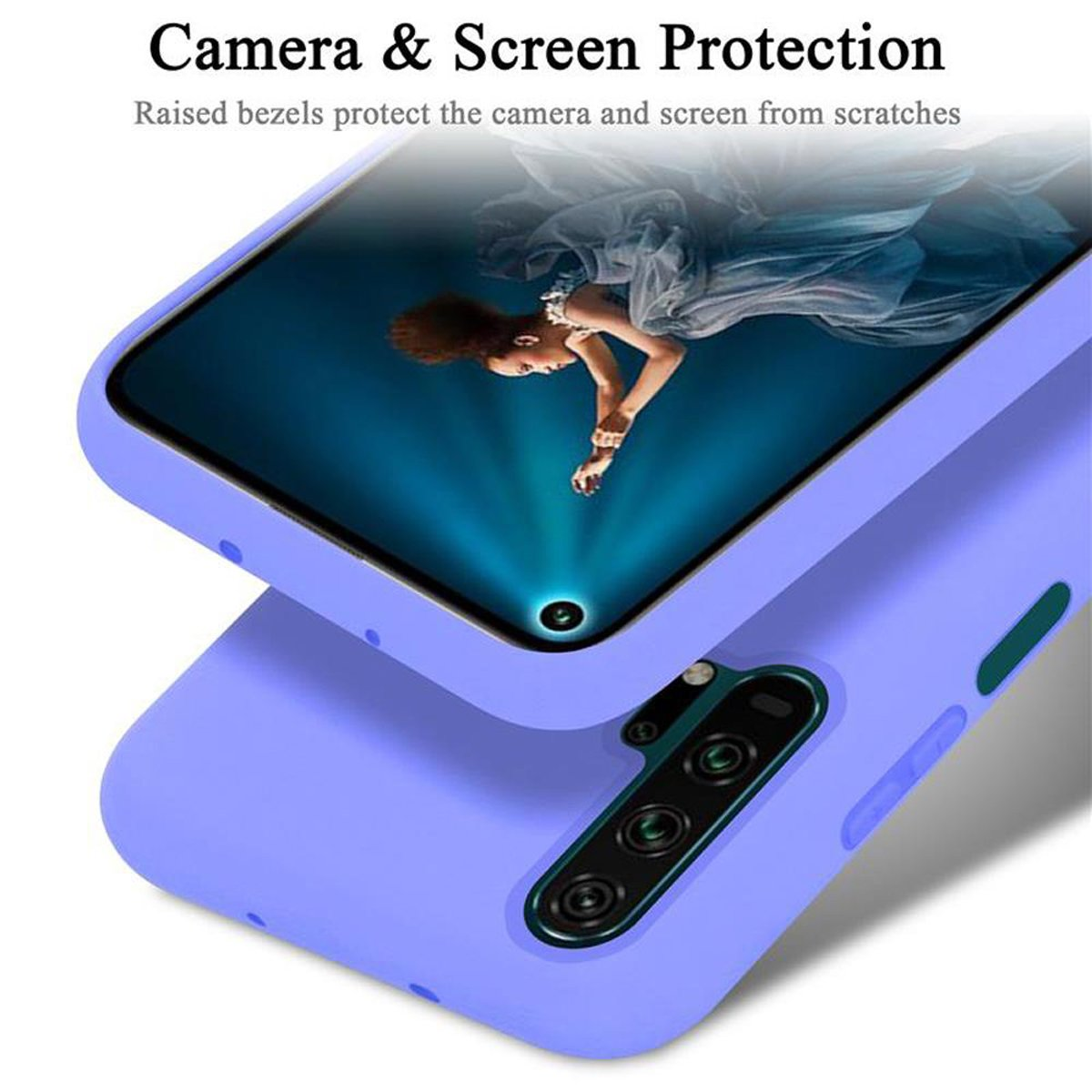 Primo piano di un telefono viola con protezione della fotocamera e dello schermo. Le cornici rialzate proteggono la fotocamera.