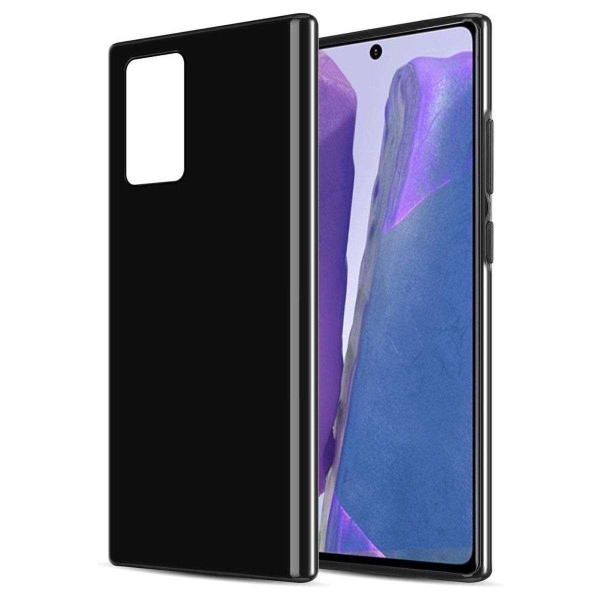 Custodia nera per telefono accanto a un telefono con uno schermo che mostra un'immagine viola.
