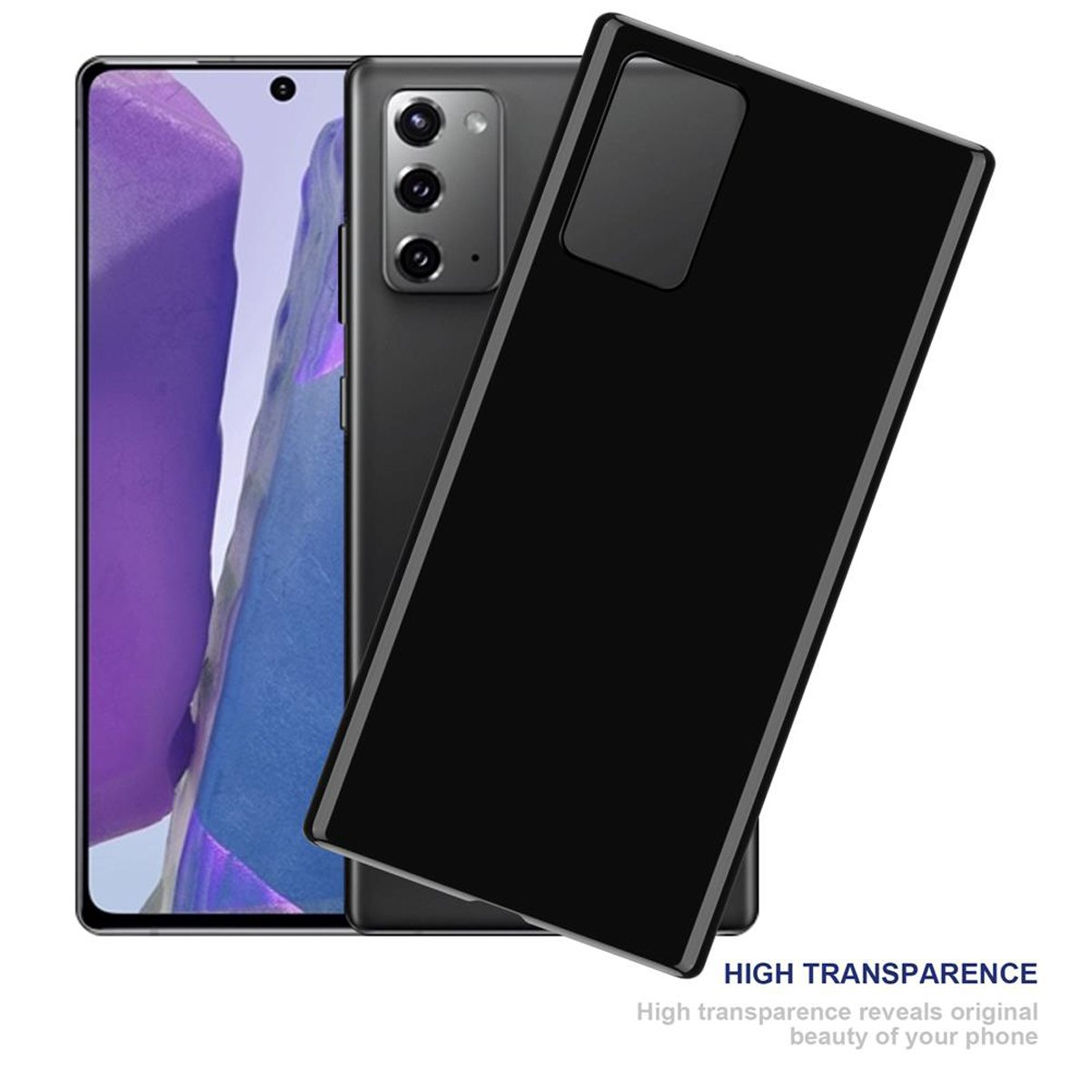Telefono nero con custodia nera. Testo: 'HIGH TRANSPARENCE' e 'beauty of your phone'.