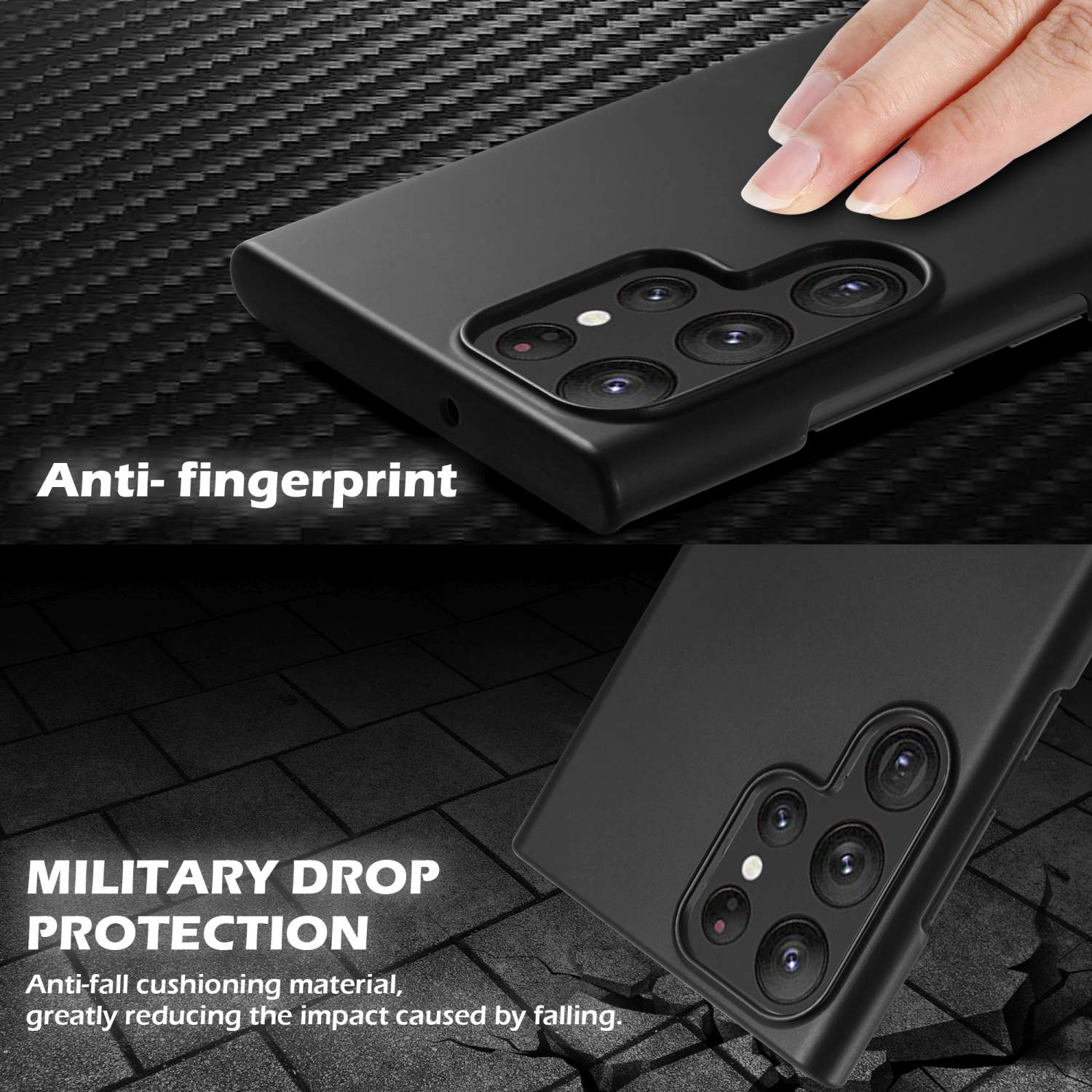 Nahaufnahme einer schwarzen Handyhülle mit dem Text „Anti-Fingerprint“ und „Military Drop Protection“.