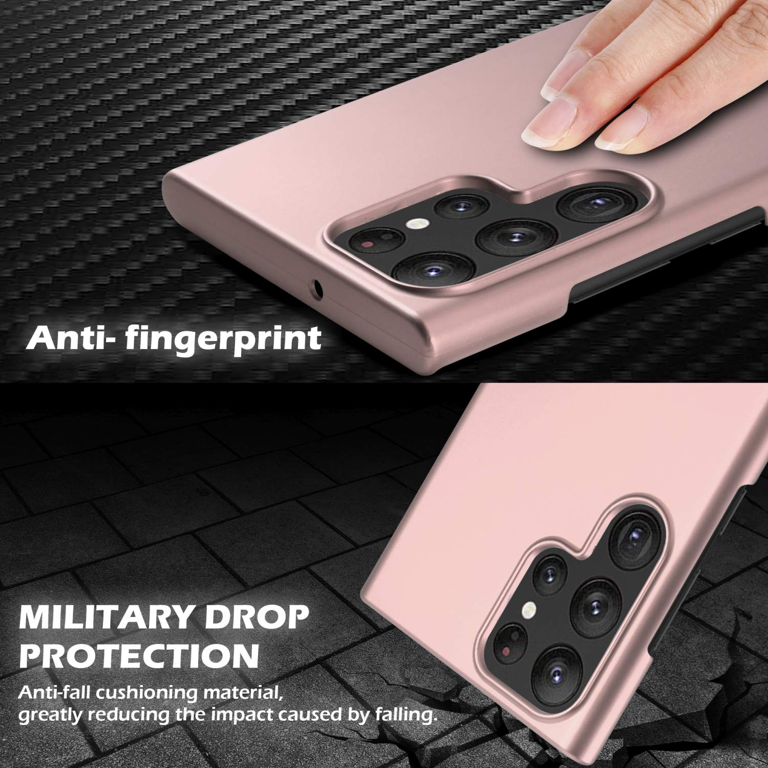 Zwei Ansichten einer roségoldenen Handyhülle mit Anti-Fingerabdruck- und Militärschutz-Funktionen.
