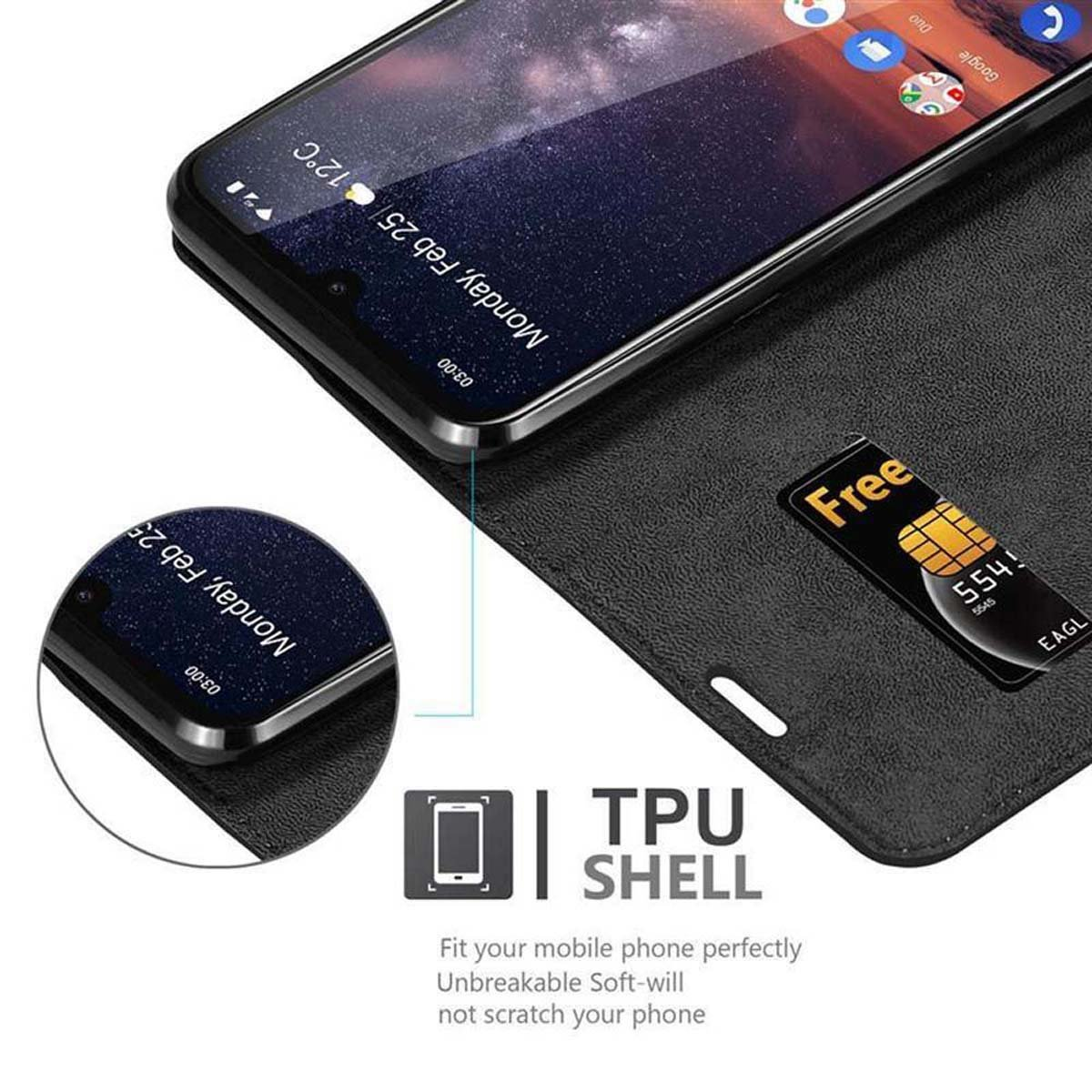Schermo del telefono mostra ora e data. Custodia nera aperta, carta visibile. Testo TPU.