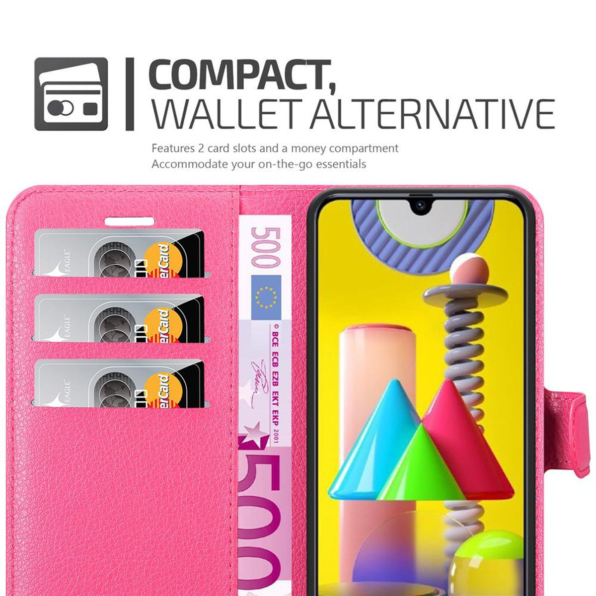 Un portafoglio rosa con fessure per carte e uno scomparto per soldi, con un telefono all'interno, che mostra un'immagine astratta colorata.