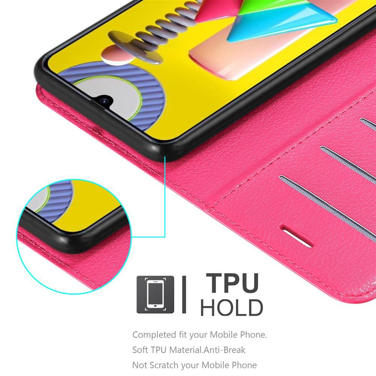 Primo piano di una custodia rosa con un telefono all'interno. TPU HOLD è visibile.