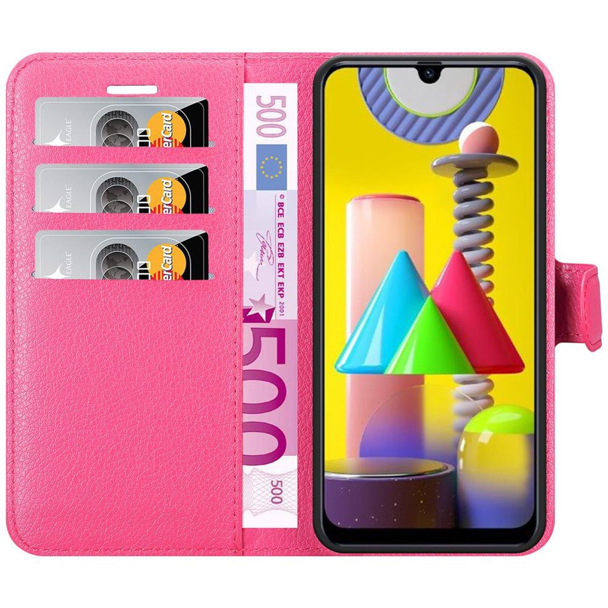 Una custodia per telefono rosa aperta che mostra carte di credito e uno schermo del telefono con un design astratto colorato.