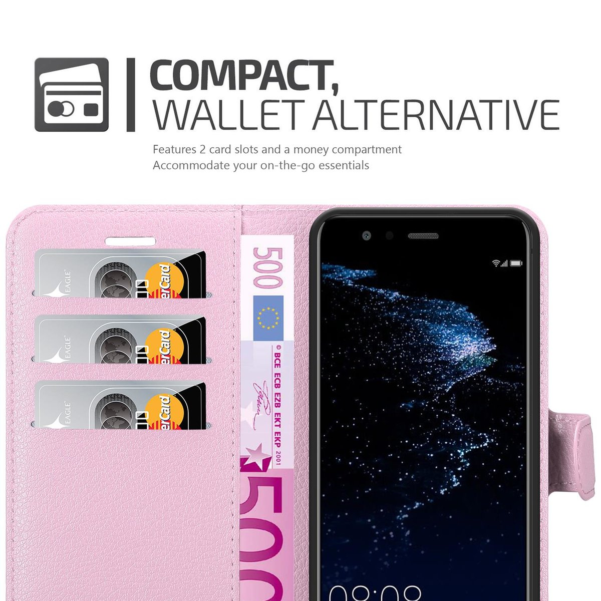 Custodia per telefono rosa con tre carte e una banconota da 500 euro all'interno, schermo del telefono visibile.