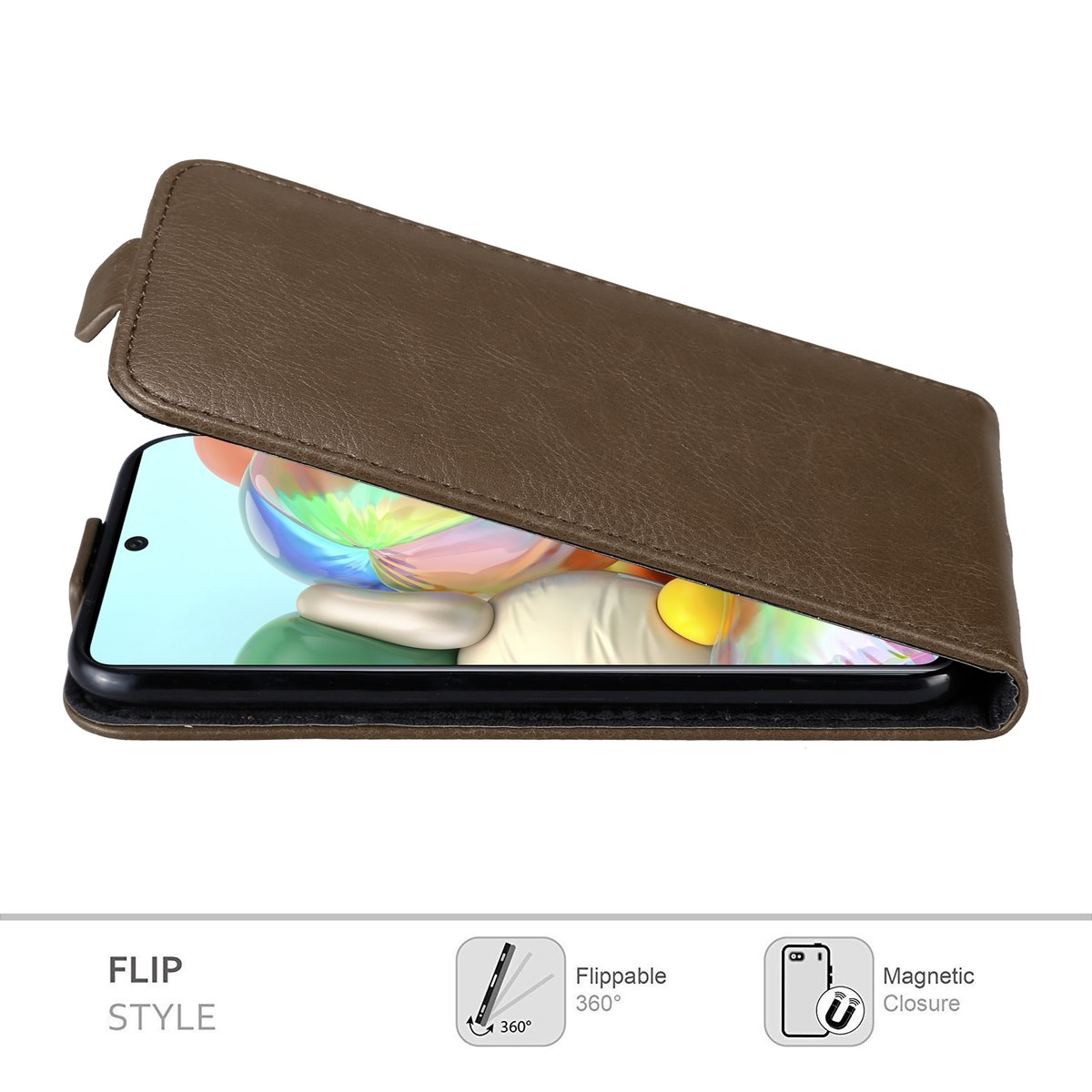 Braune Leder-Handyhülle, geöffnet, um ein Telefon zu zeigen. Text: Flip Style, 360° drehbar, Magnetverschluss.