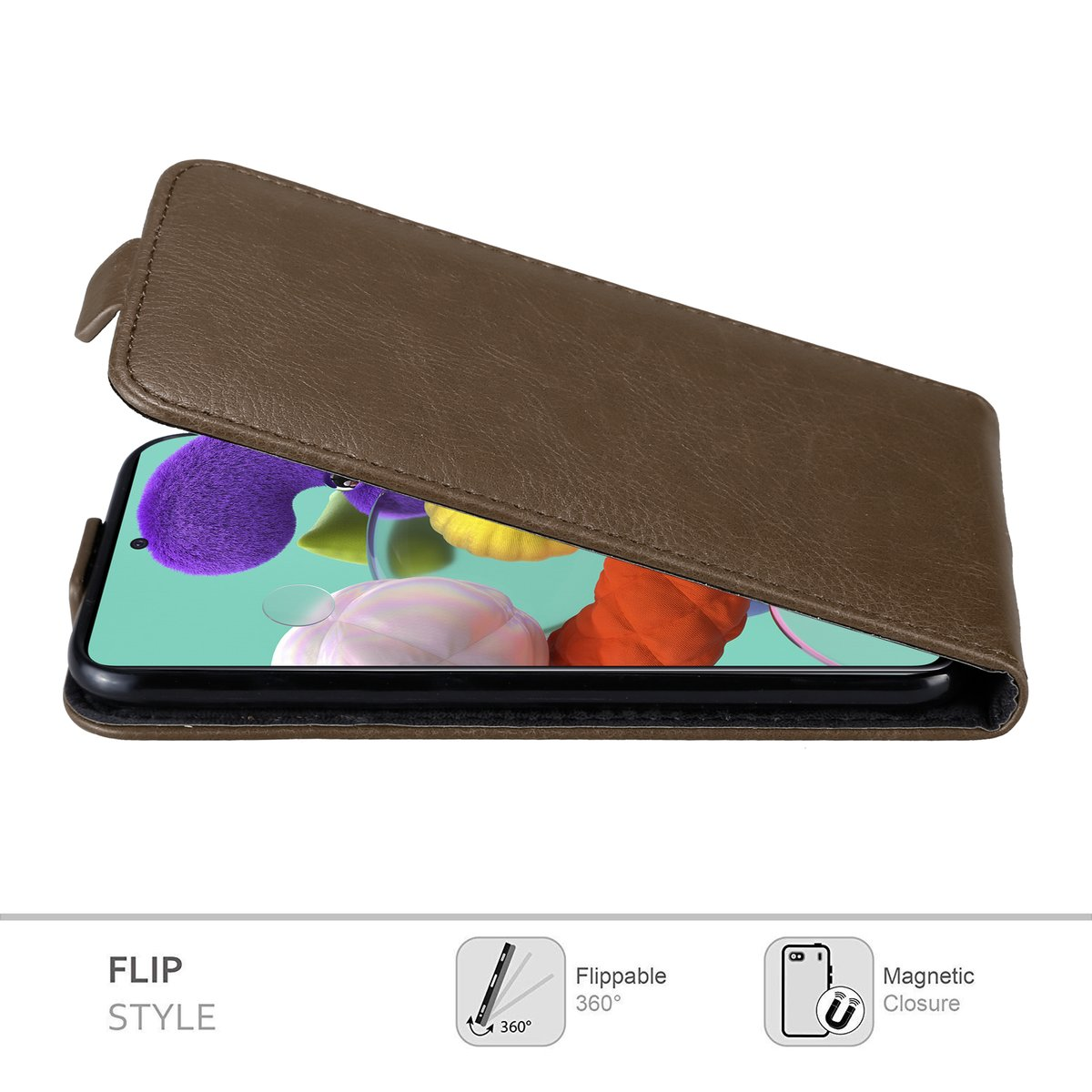 Braune Leder-Handyhülle, geöffnet, mit Telefon im Inneren.