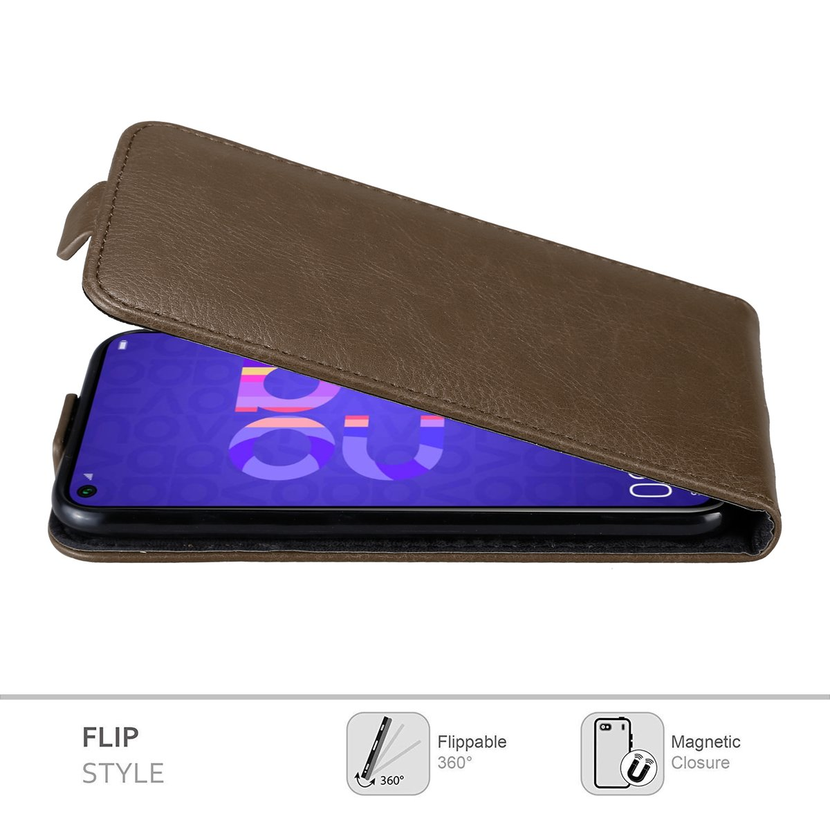 Braune Flip-Handyhülle, geöffnet, um den Telefonbildschirm freizugeben. Die Hülle ist braun.