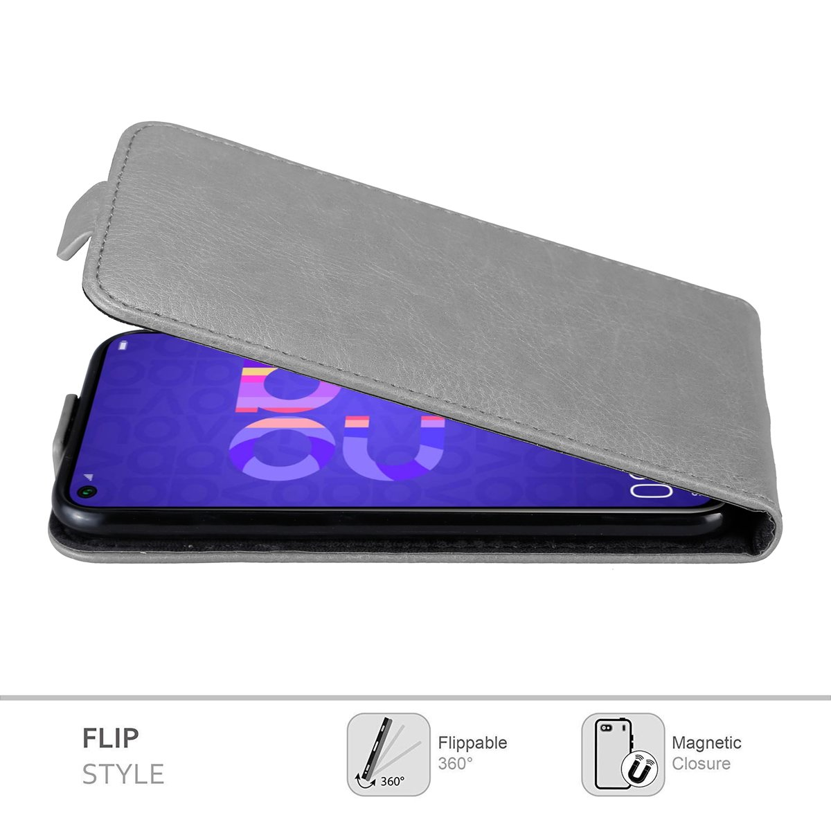 Graue Handyhülle mit aufgeklapptem Flip-Cover, zeigt einen Telefonbildschirm mit lila UI.