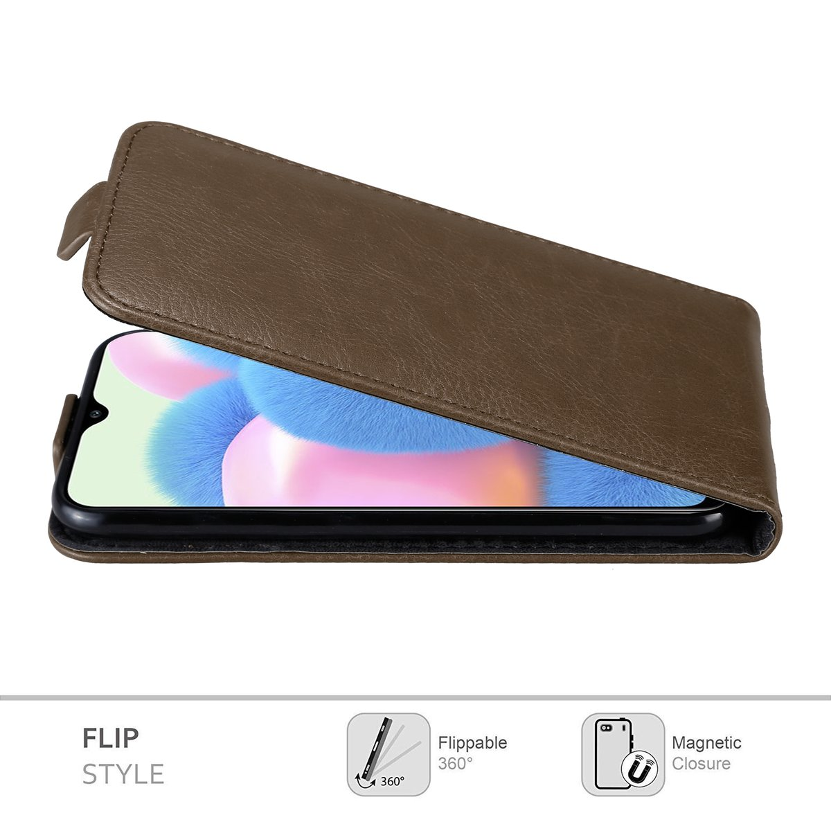 Una custodia a libro in pelle marrone, aperta, che rivela un telefono all'interno. Sfondo bianco.