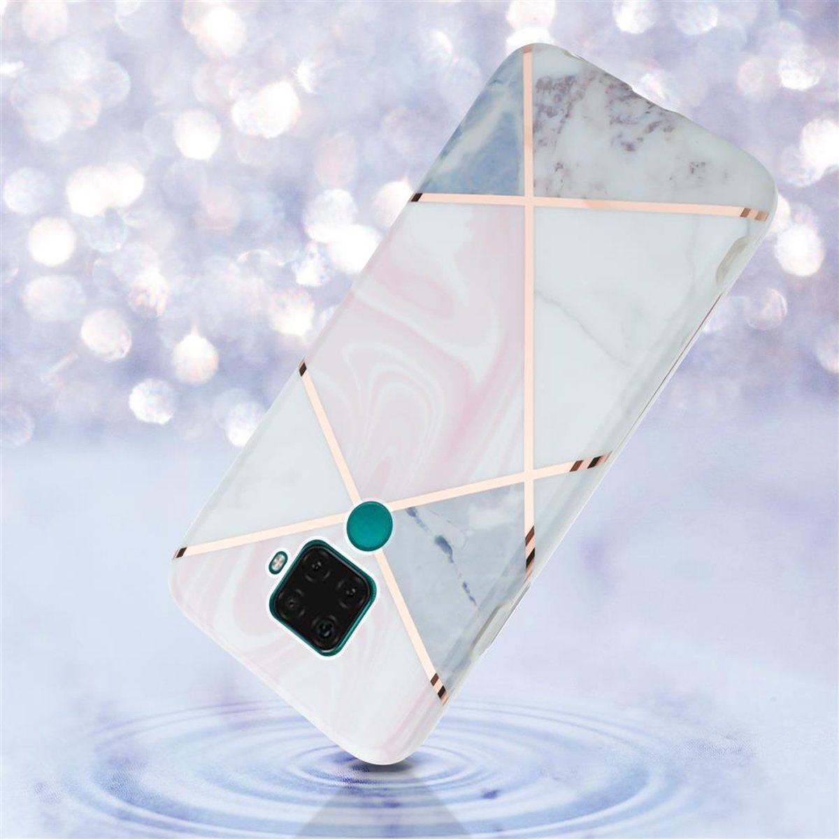 Custodia per telefono con un design marmorizzato, rosa e bianco con linee dorate.