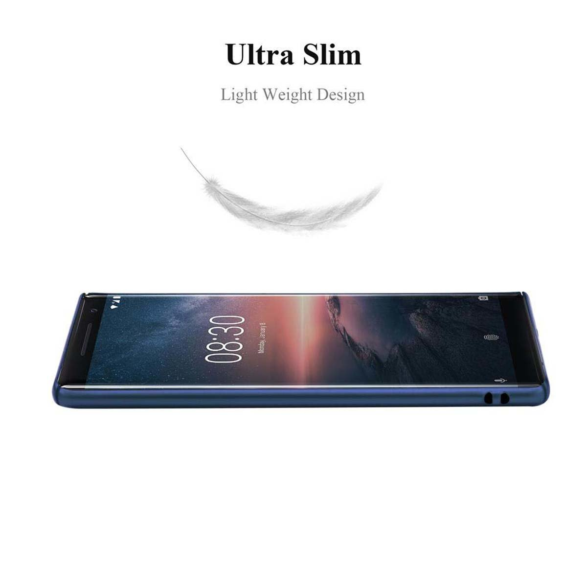 Ein Smartphone mit blauem Gehäuse. Text: Ultra Slim, Light Weight Design.
