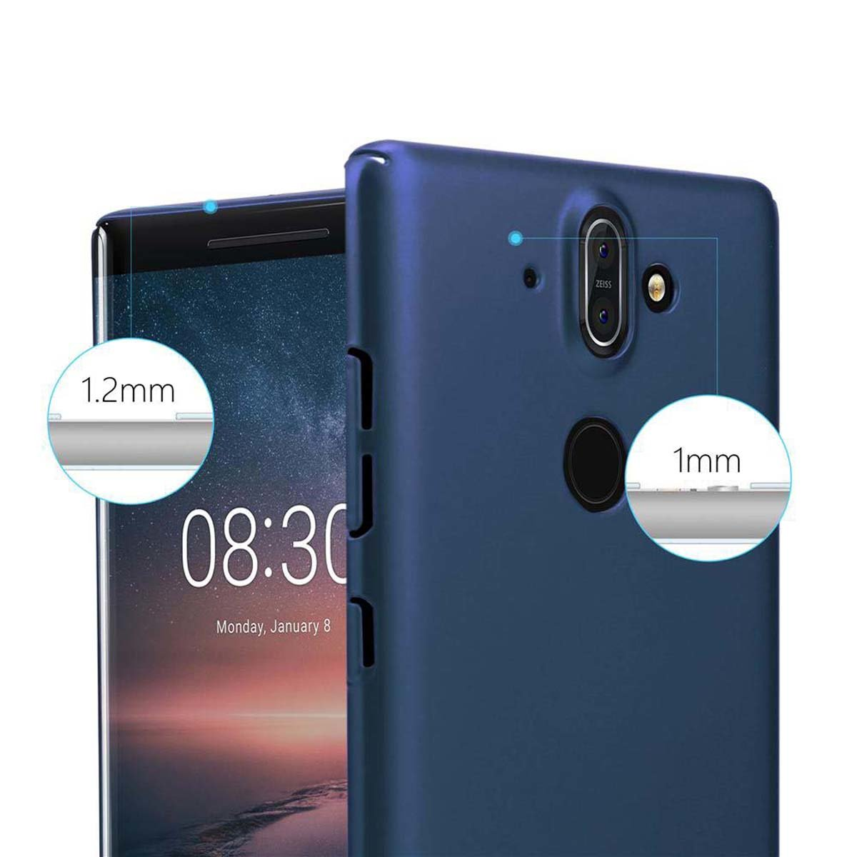 Ein Telefon mit blauem Gehäuse, der Bildschirm ist eingeschaltet. Messungen des Telefongehäuses werden angezeigt.