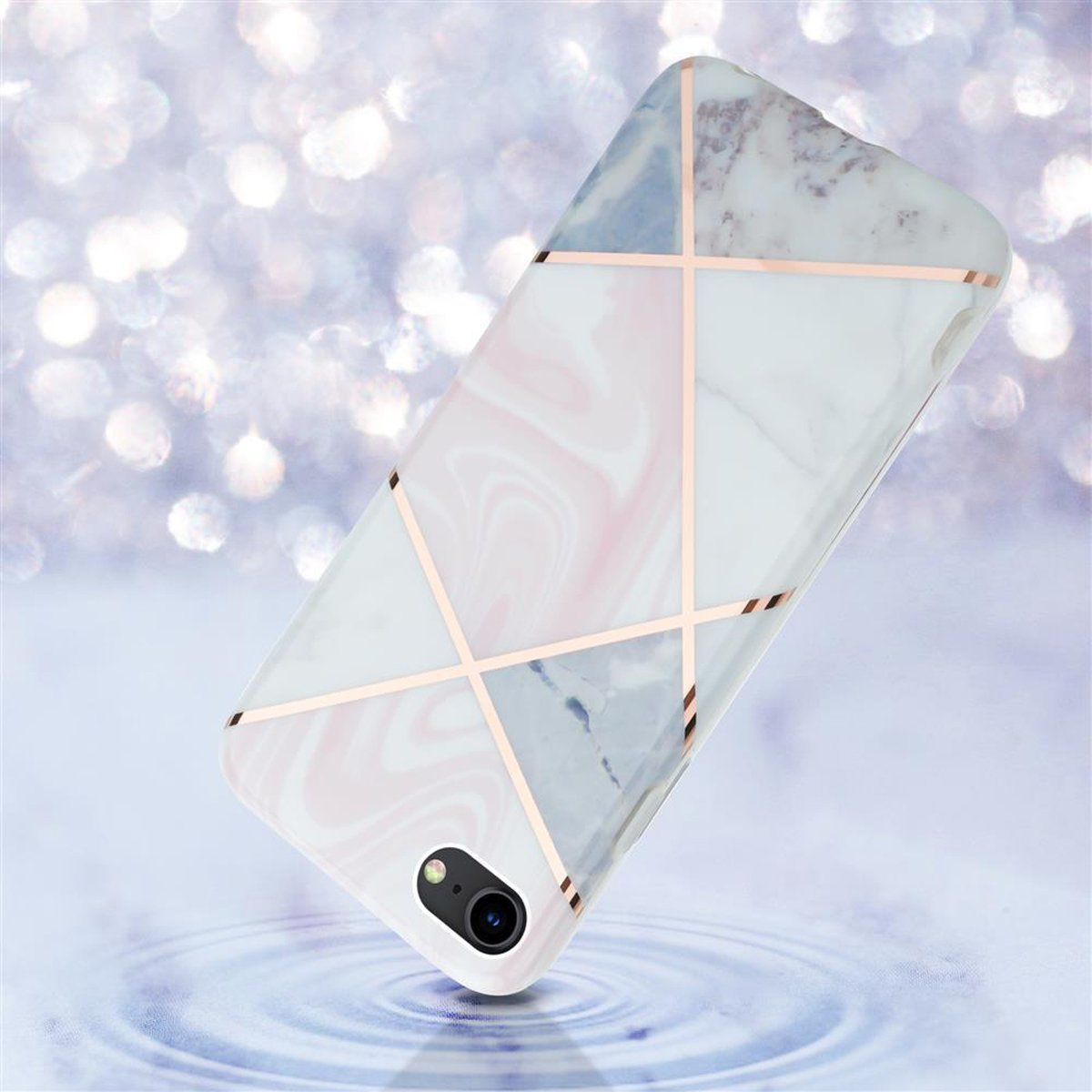 Custodia per telefono in marmo bianco, rosa e grigio con dettagli oro rosa.