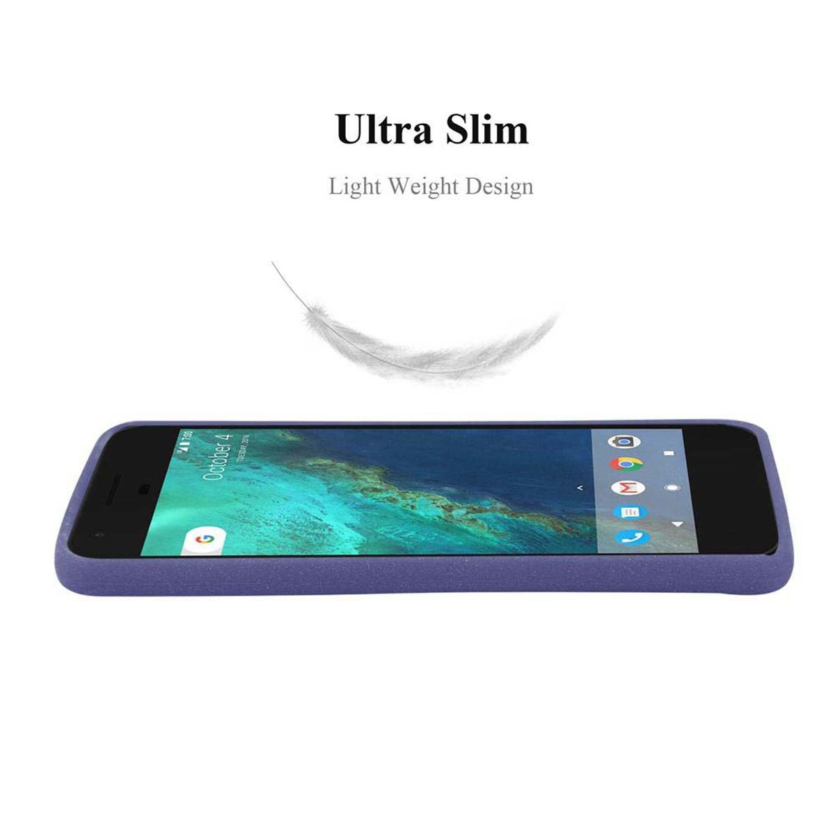 Eine blaue Handyhülle mit einem Telefon darin, auf weißem Hintergrund.