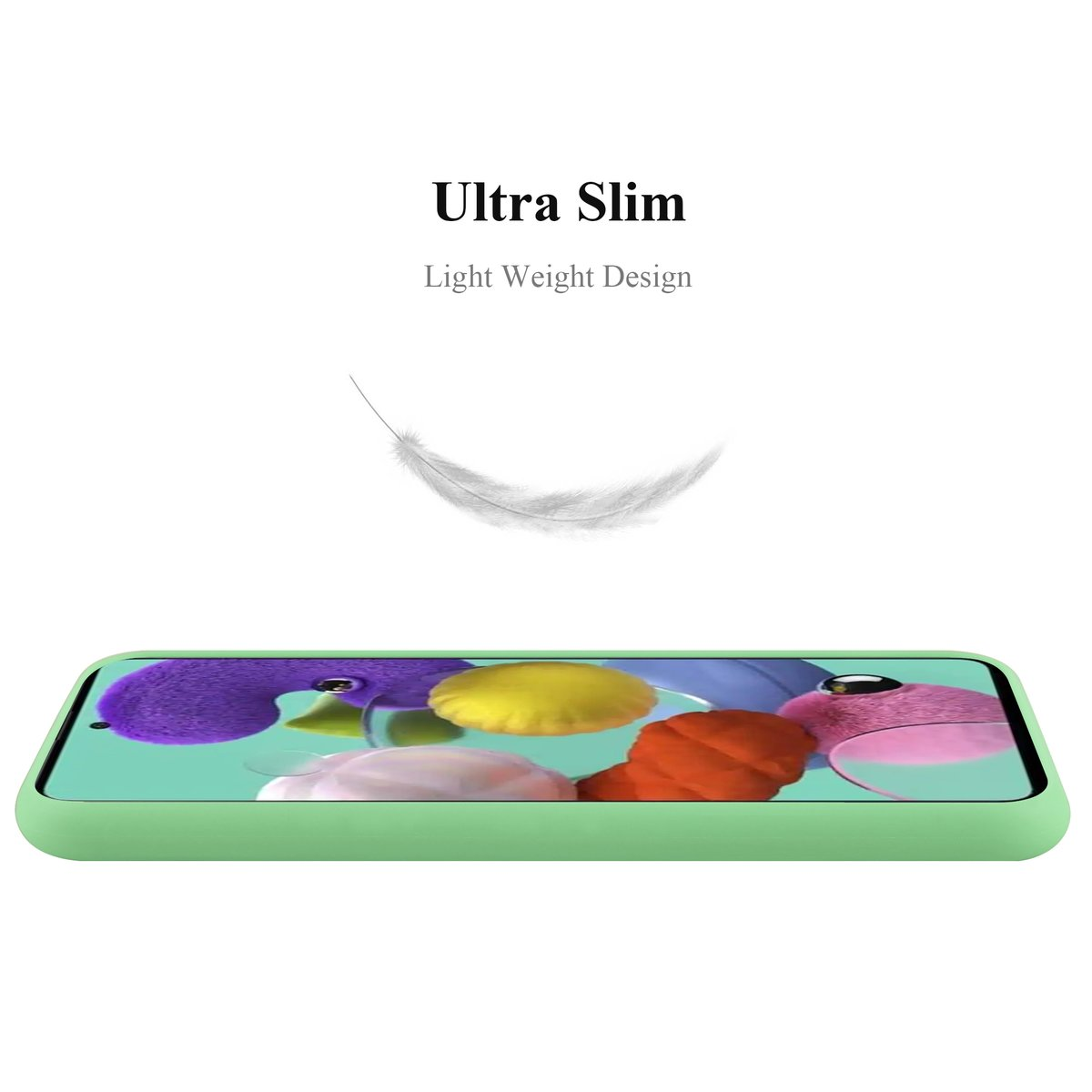 Una custodia per telefono verde che mostra i bordi del telefono, con il testo 'Ultra Slim' e una grafica di una piuma.