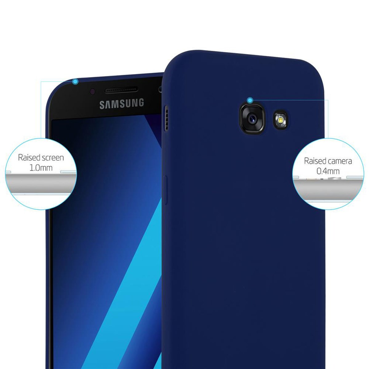 Una custodia per telefono blu con schermo e fotocamera rialzati, che mostra la parte posteriore del telefono.