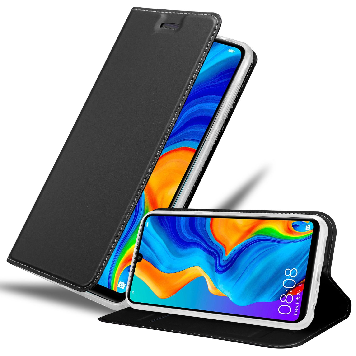 Una custodia per telefono nera con il telefono all'interno. La custodia è aperta per essere utilizzata come supporto. Sfondo bianco.