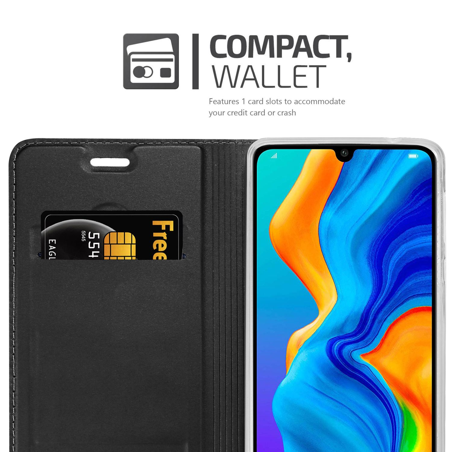 Custodia per telefono in stile portafoglio, con fessure per carte di credito. Nera con un telefono visibile all'interno.