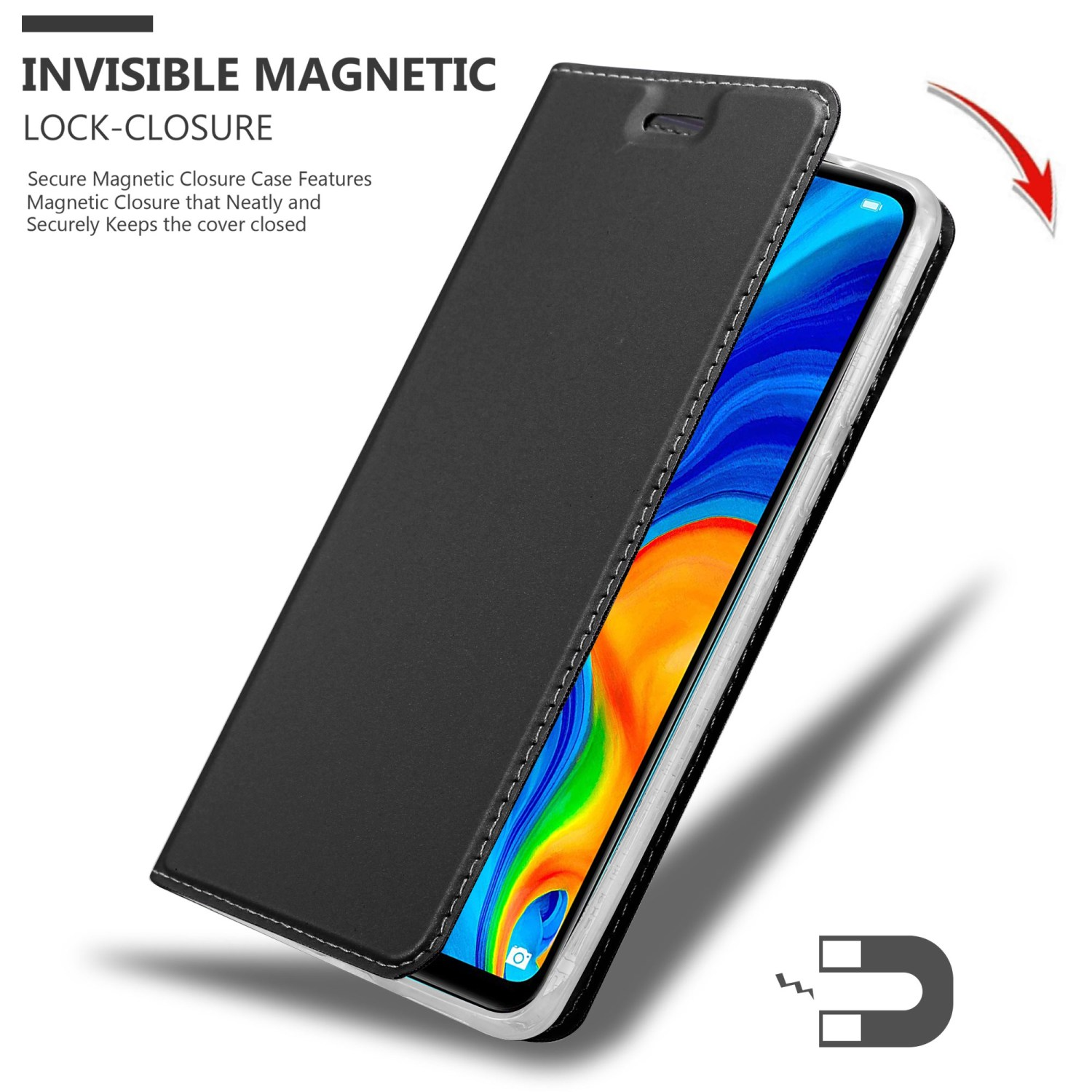 Custodia nera con chiusura magnetica, si apre per rivelare il telefono all'interno.