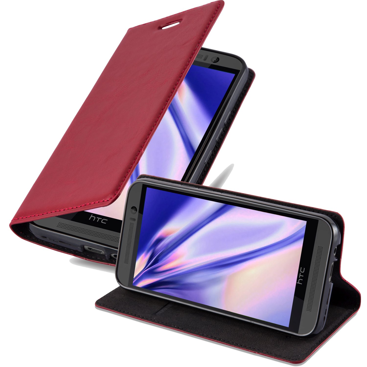 Funda de teléfono roja con un teléfono dentro. La funda está abierta, mostrando el teléfono.