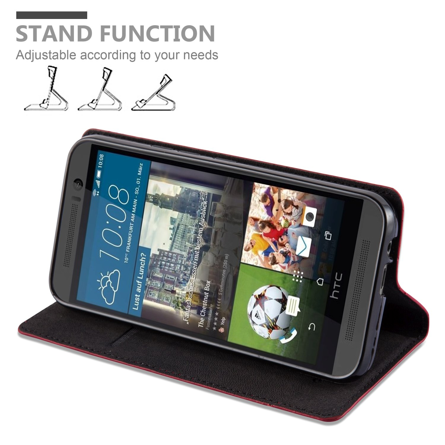 Teléfono negro en funda roja, abierto. Texto en pantalla, con diseño de función de soporte.