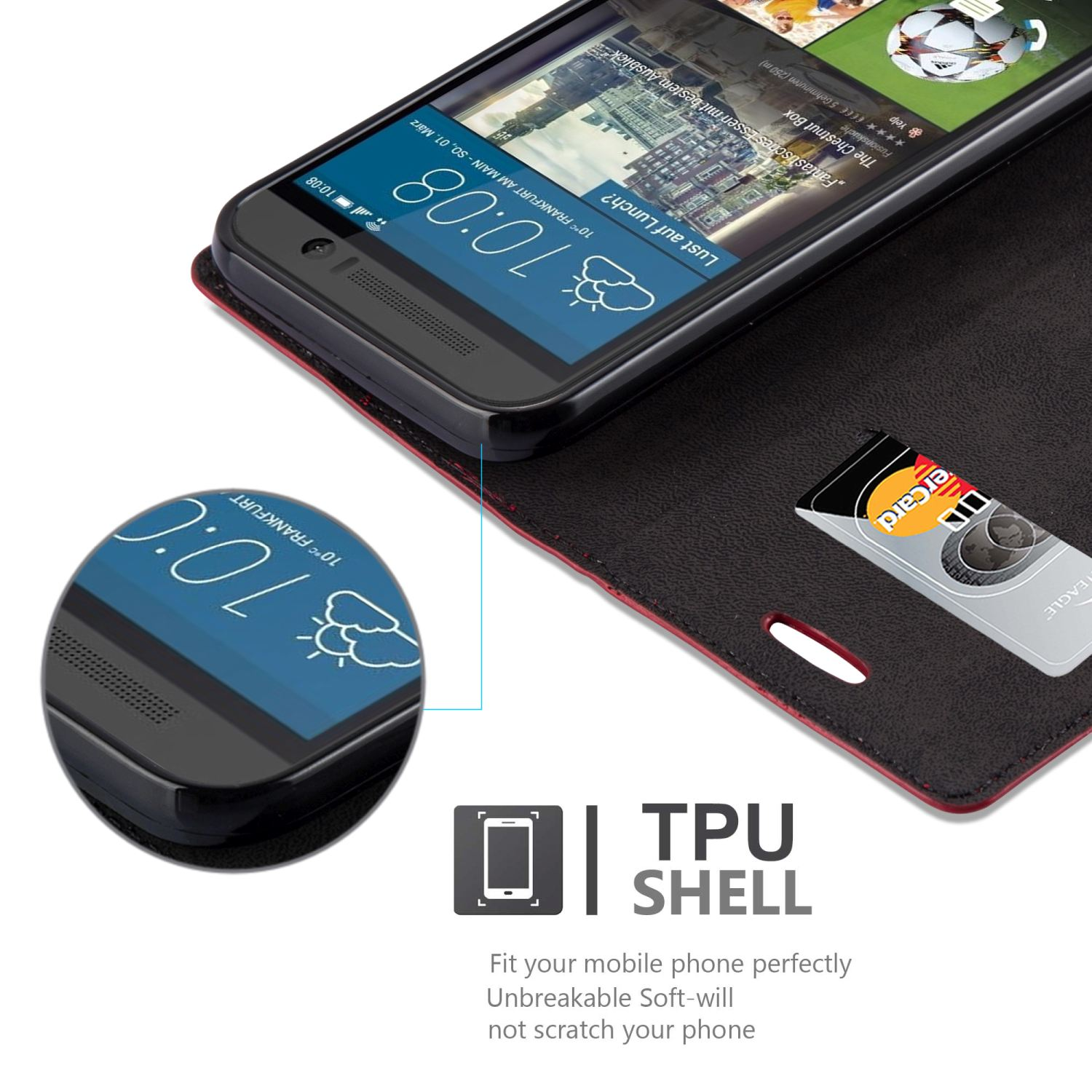 Teléfono en una funda de cuero, con ranura para tarjeta de crédito y visualización de hora.