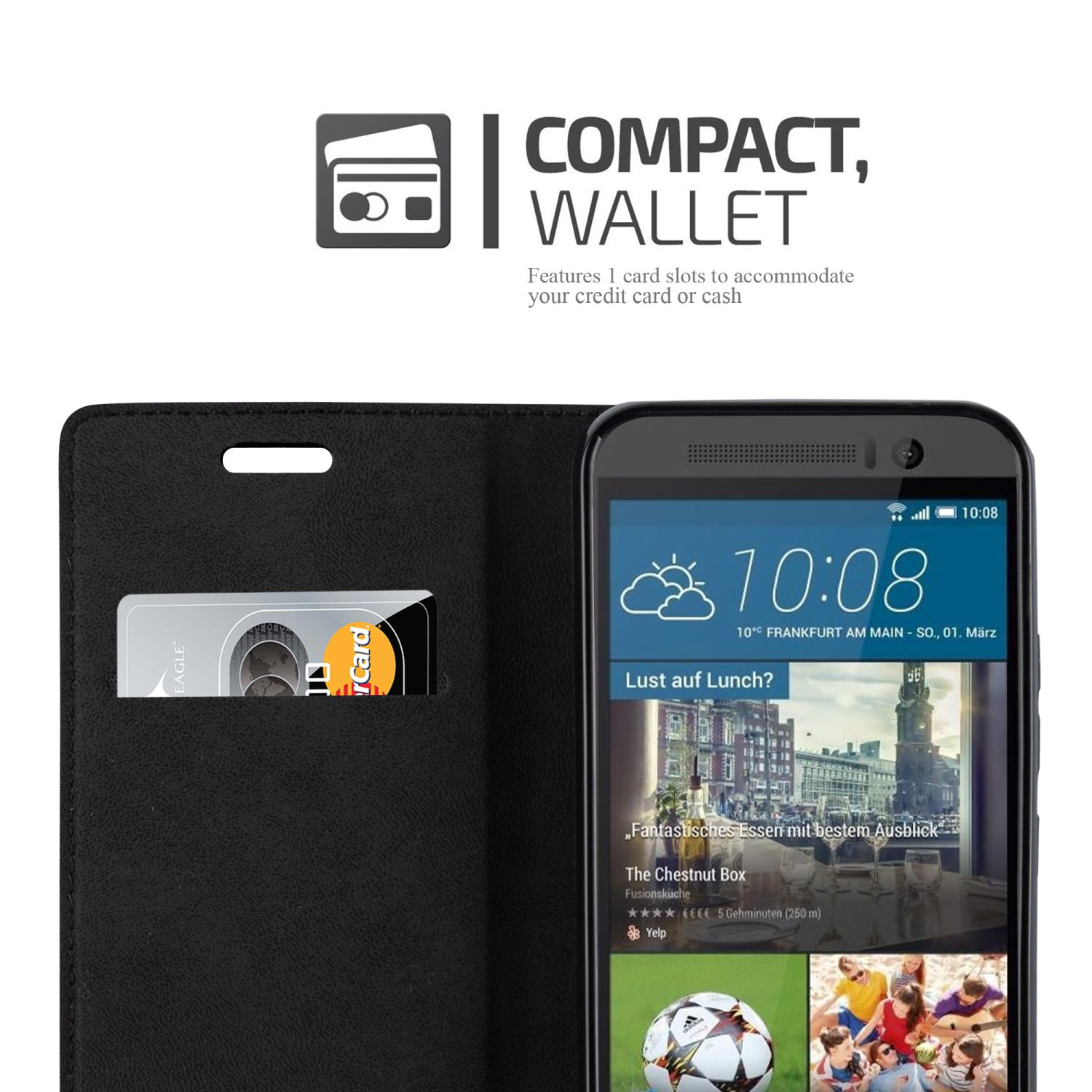 Funda negra de teléfono, ranura para tarjeta de crédito abierta. Pantalla muestra hora y app.