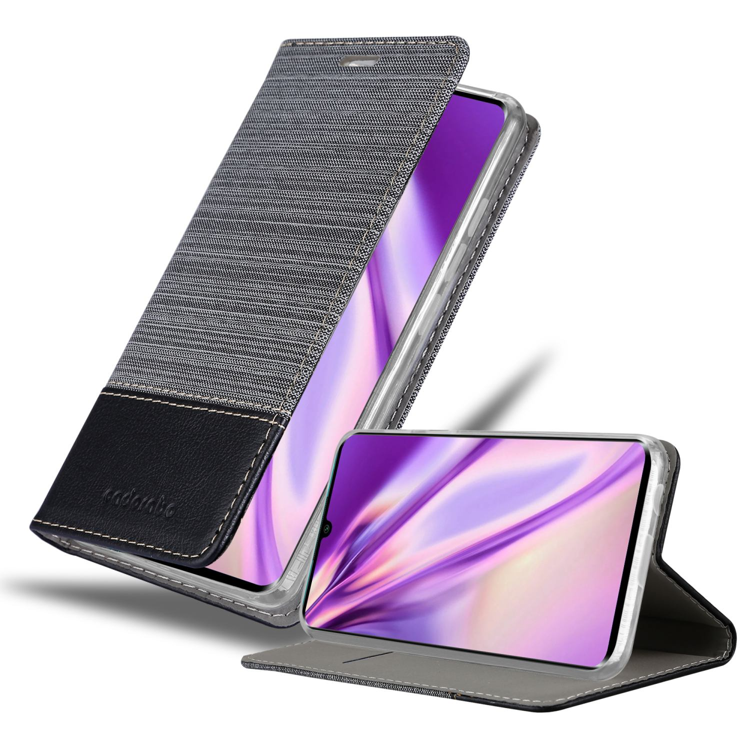 Geöffnete Handyhülle, die das Telefon zeigt. Die Hülle ist grau und schwarz.