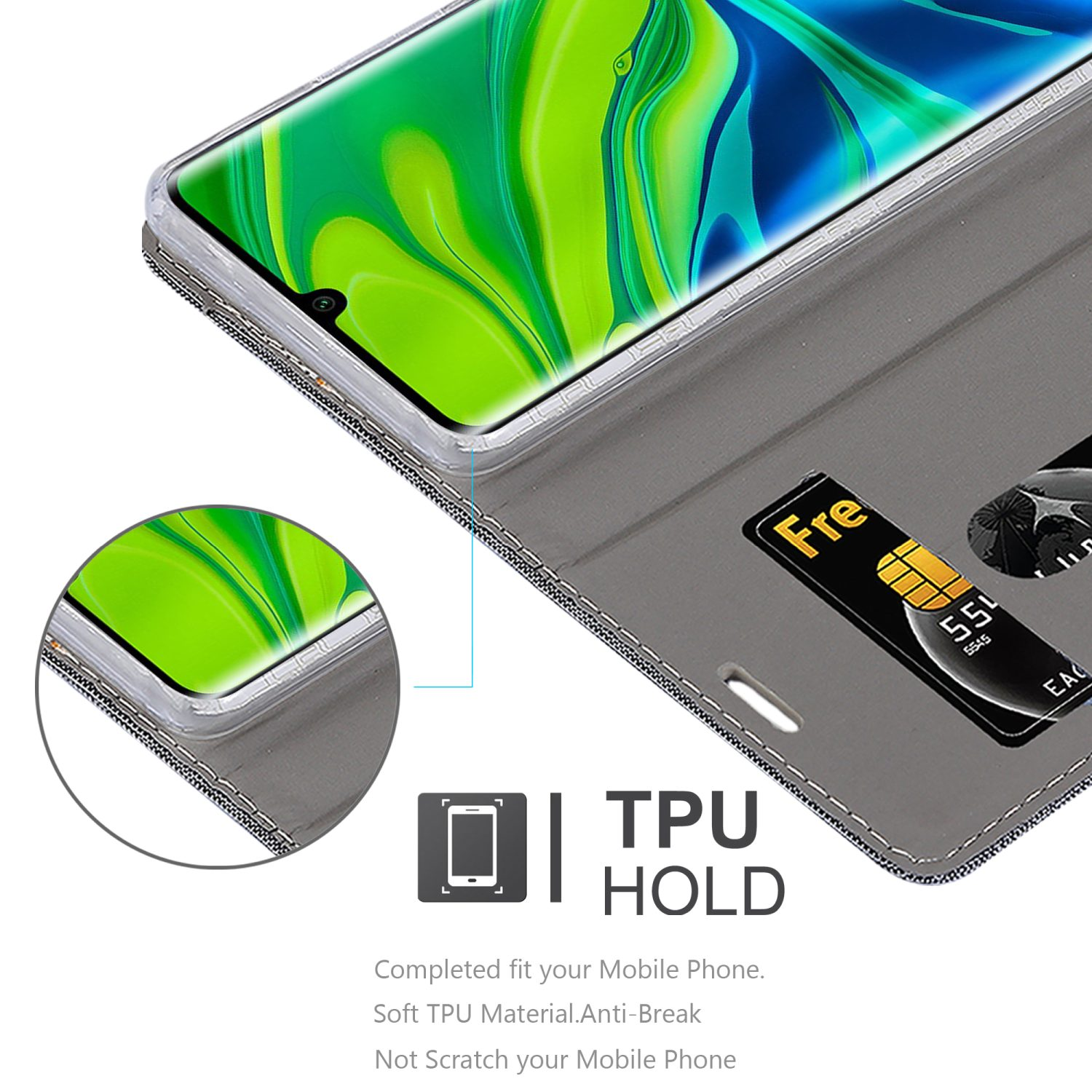 Ein Telefon in einem grauen Gehäuse mit Kartenfach. Weißer Hintergrund. Detailaufnahme.