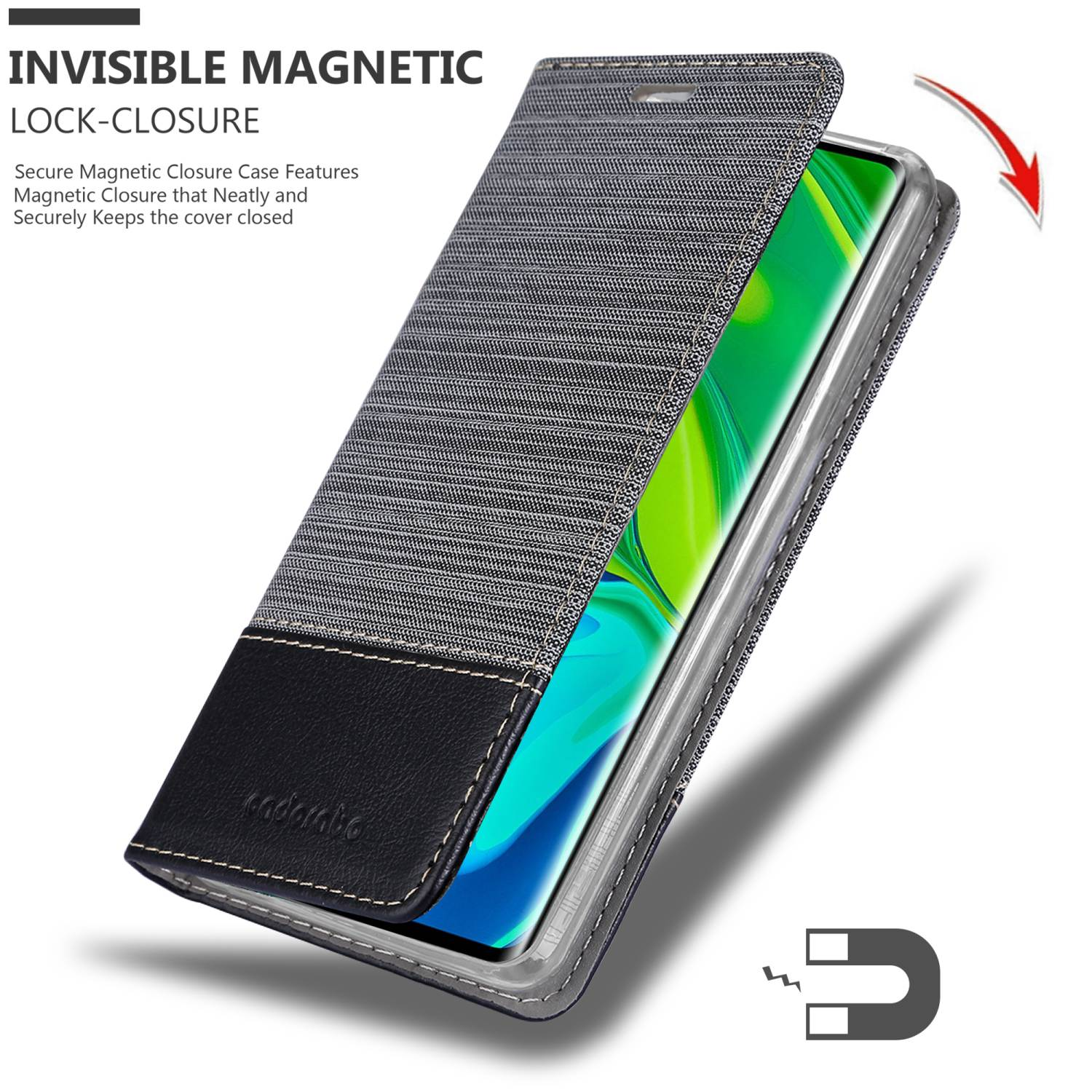 Handyhülle mit magnetischem Verschluss. Gehäuse ist teilweise geöffnet, zeigt Telefonbildschirm. Weißer Hintergrund.