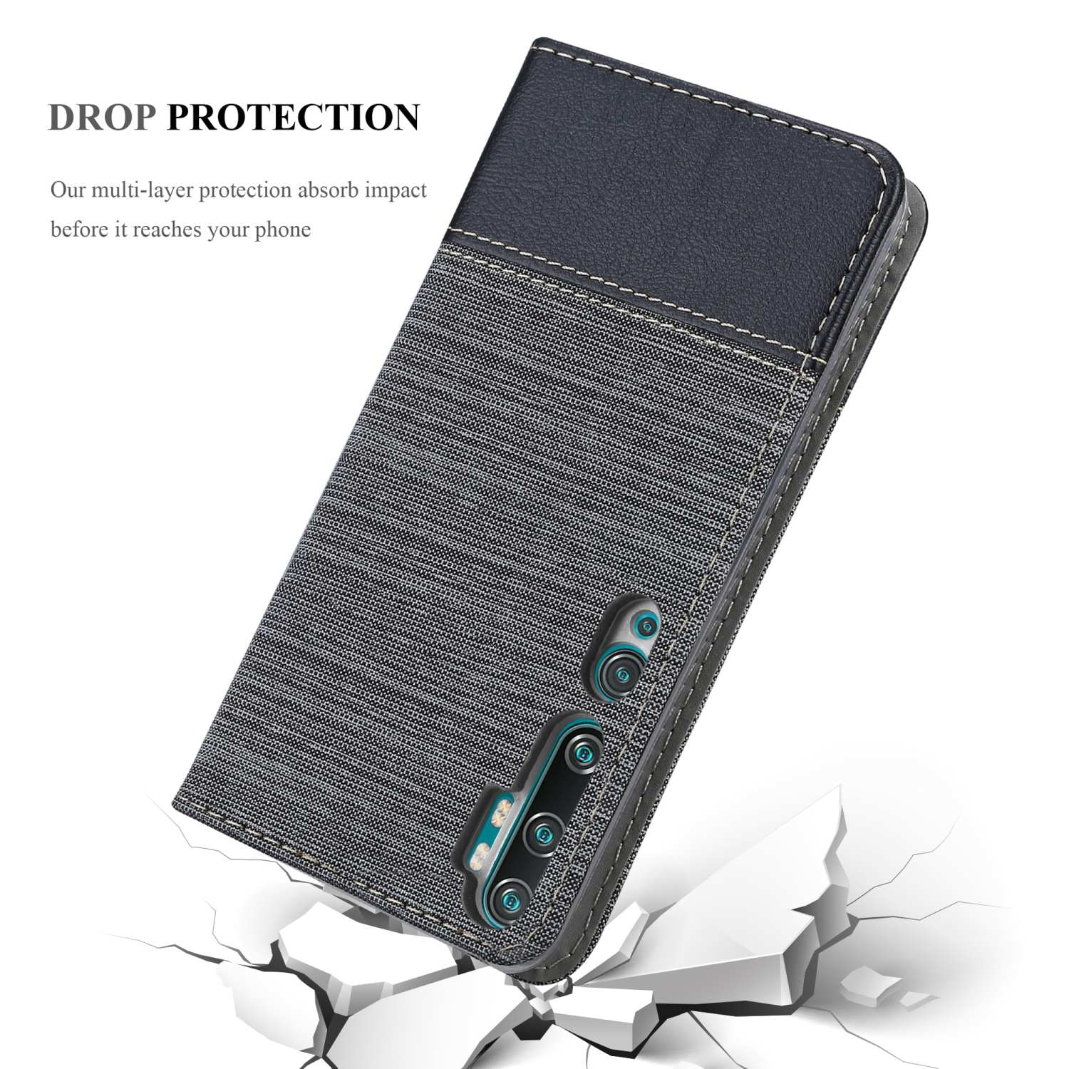 Eine Handyhülle, grau und schwarz, auf einem zerbrochenen Boden. Worte 'Drop Protection' oben.