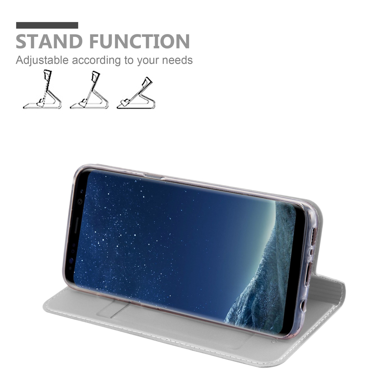 Telefon in einer Standhülle. Der Bildschirm zeigt Landschaft. Weißer Hintergrund.