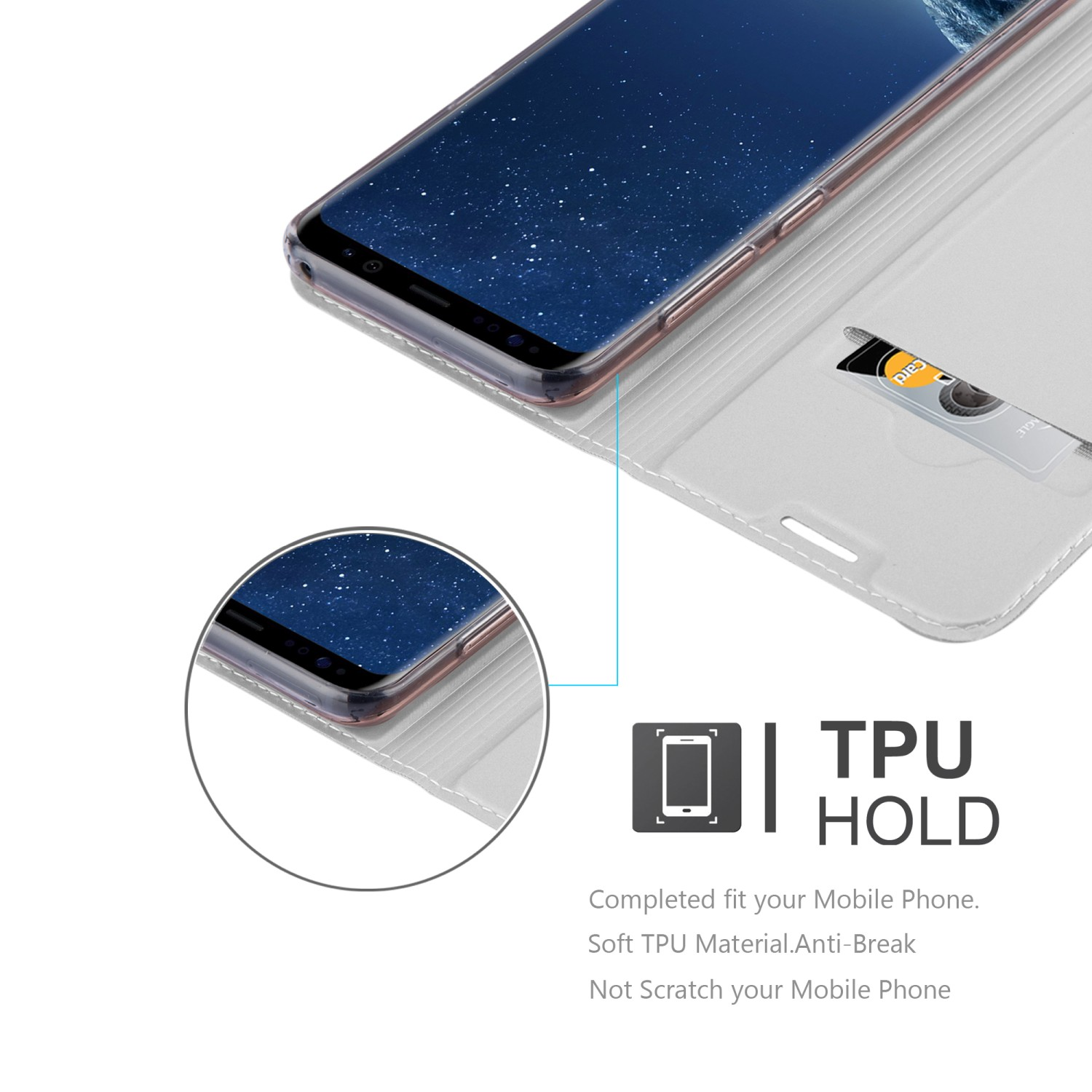 Ein Telefon in einer weißen Hülle. Text: TPU HOLD. Die Hülle ist offen mit einer Karte.