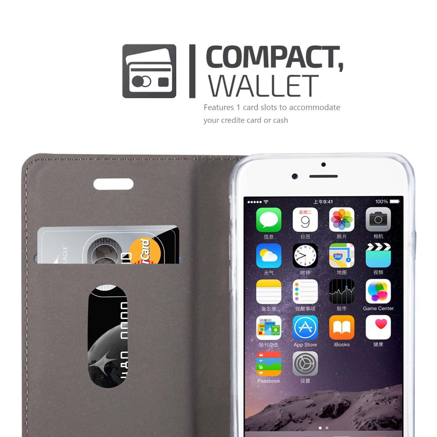 CADORABO X-Wallet PLUS iPhone BRAUN Hülle, 6S DUNKEL 6 PLUS, / Bookcover, Kunstlederkombi BLAU Apple