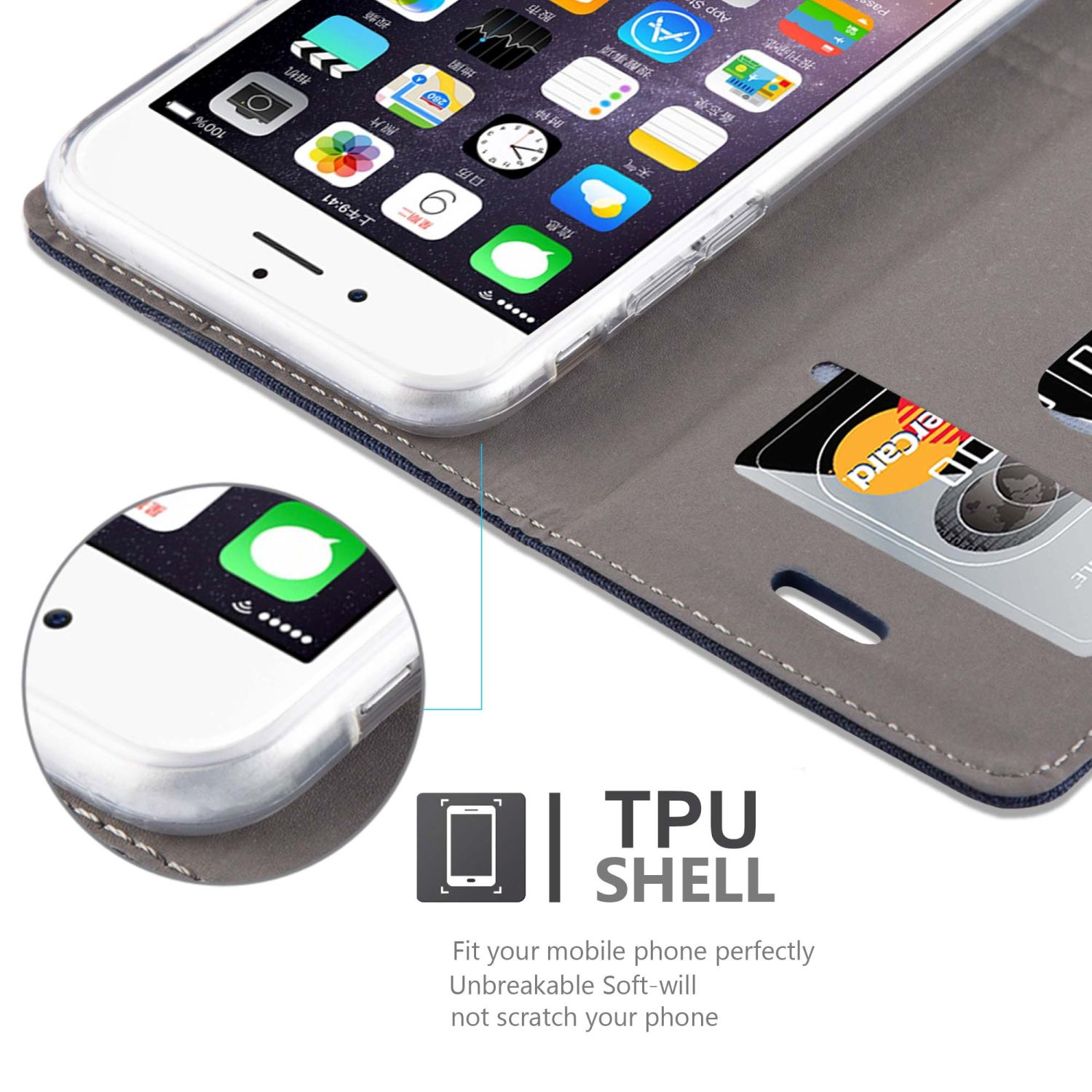 Ein Telefon in einer Hülle, das den Bildschirm und einen Kartensteckplatz zeigt. Die Hülle ist grau mit einer TPU-Schale.