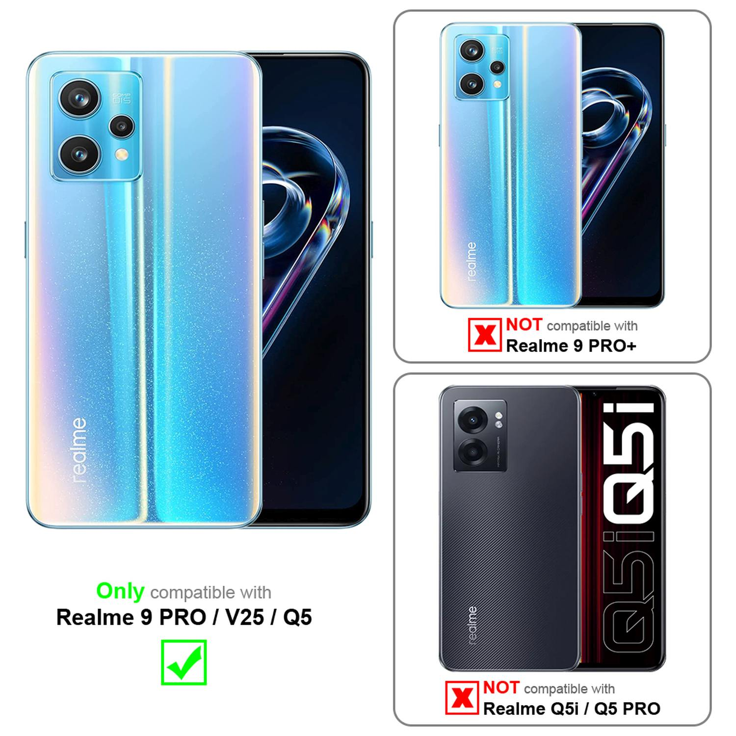 Tre telefoni con retro azzurro. Uno dice 'Compatibile solo con Realme 9 Pro/V25/Q5', gli altri no.