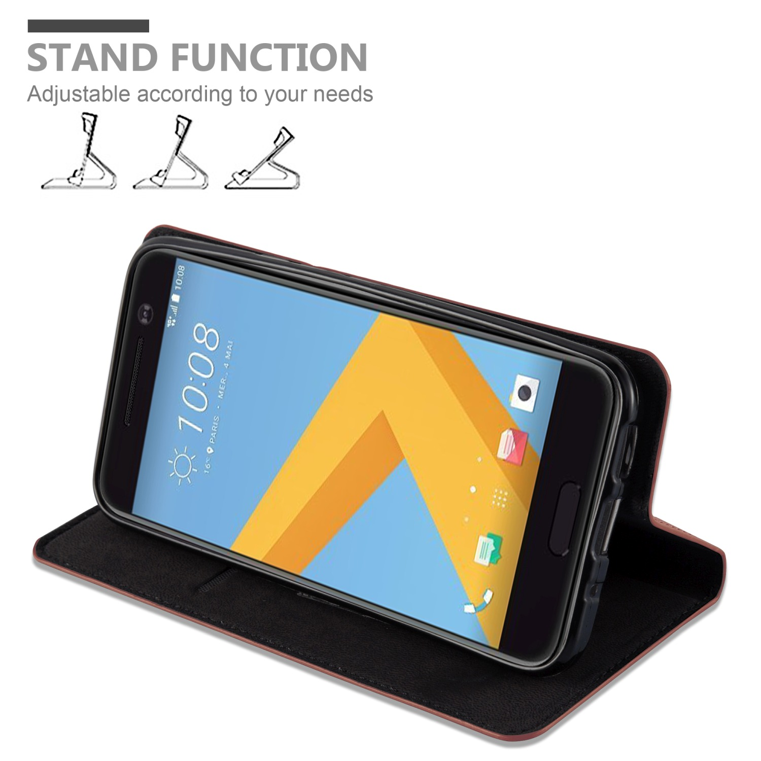 Handyhülle mit Telefon, geöffnet, um das Telefon zu zeigen. Text: STAND FUNCTION.