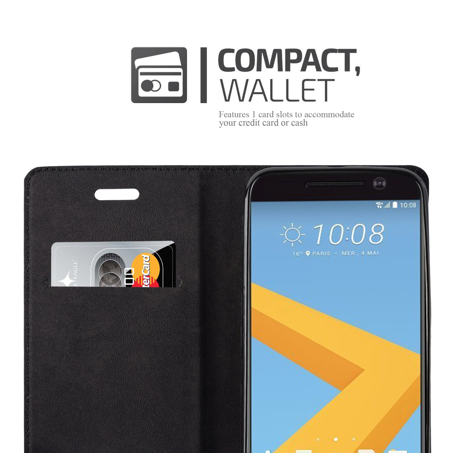Schwarze Brieftaschenhülle mit Kartenfach, Telefon innen.