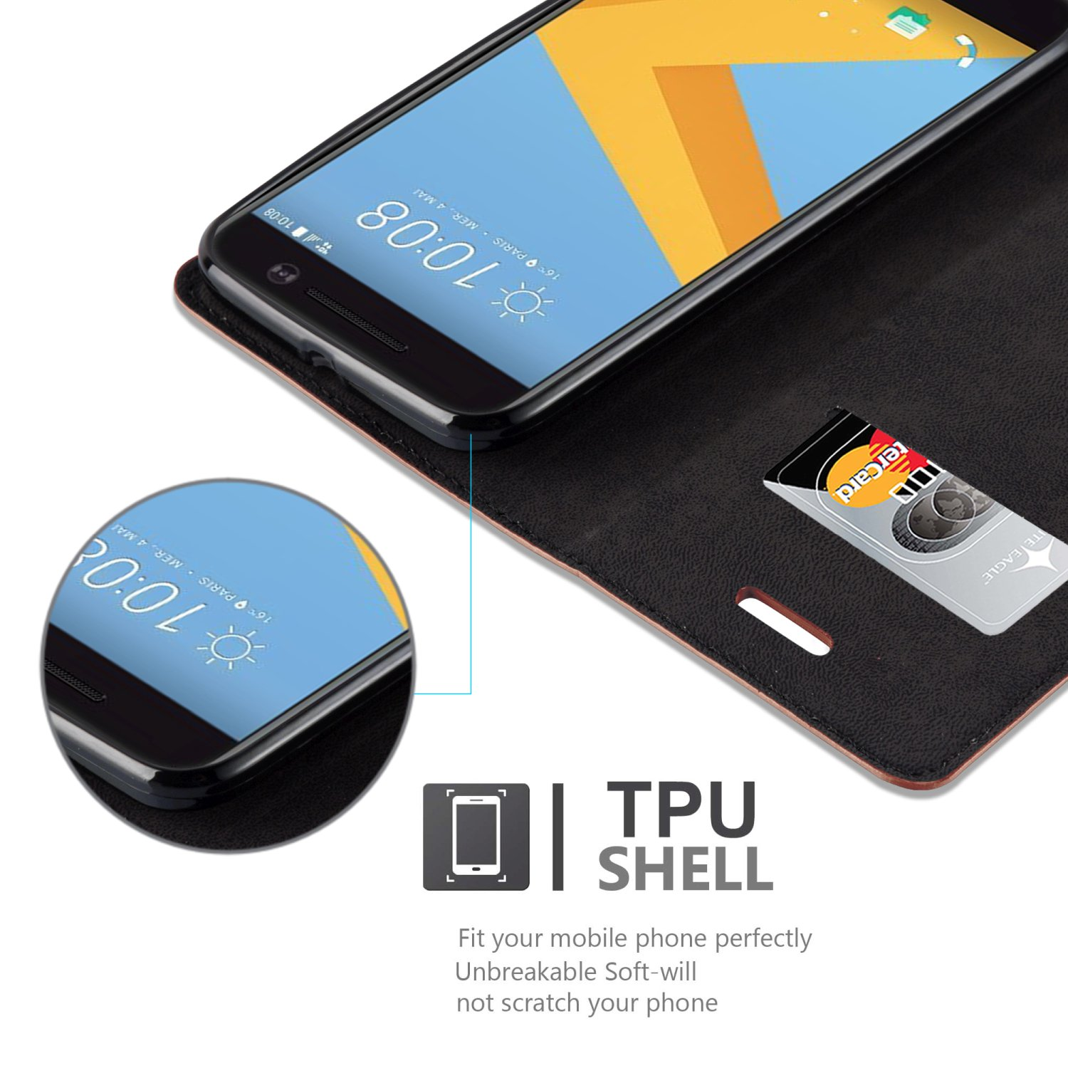 Mobiltelefon in schwarzer Brieftasche mit einer Mastercard.