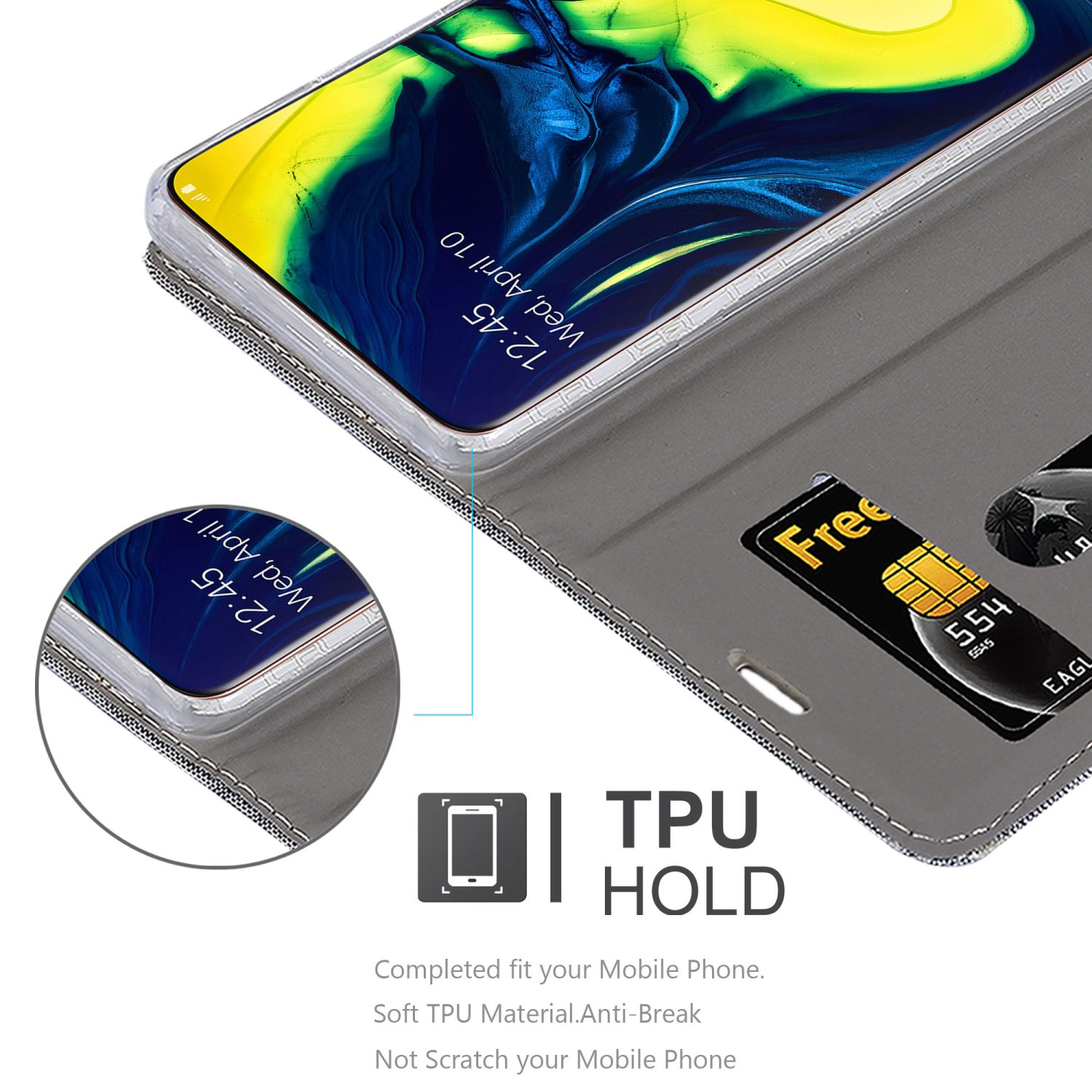 Una custodia per telefono con design a portafoglio, con schermo del telefono visibile e fessura per carte.