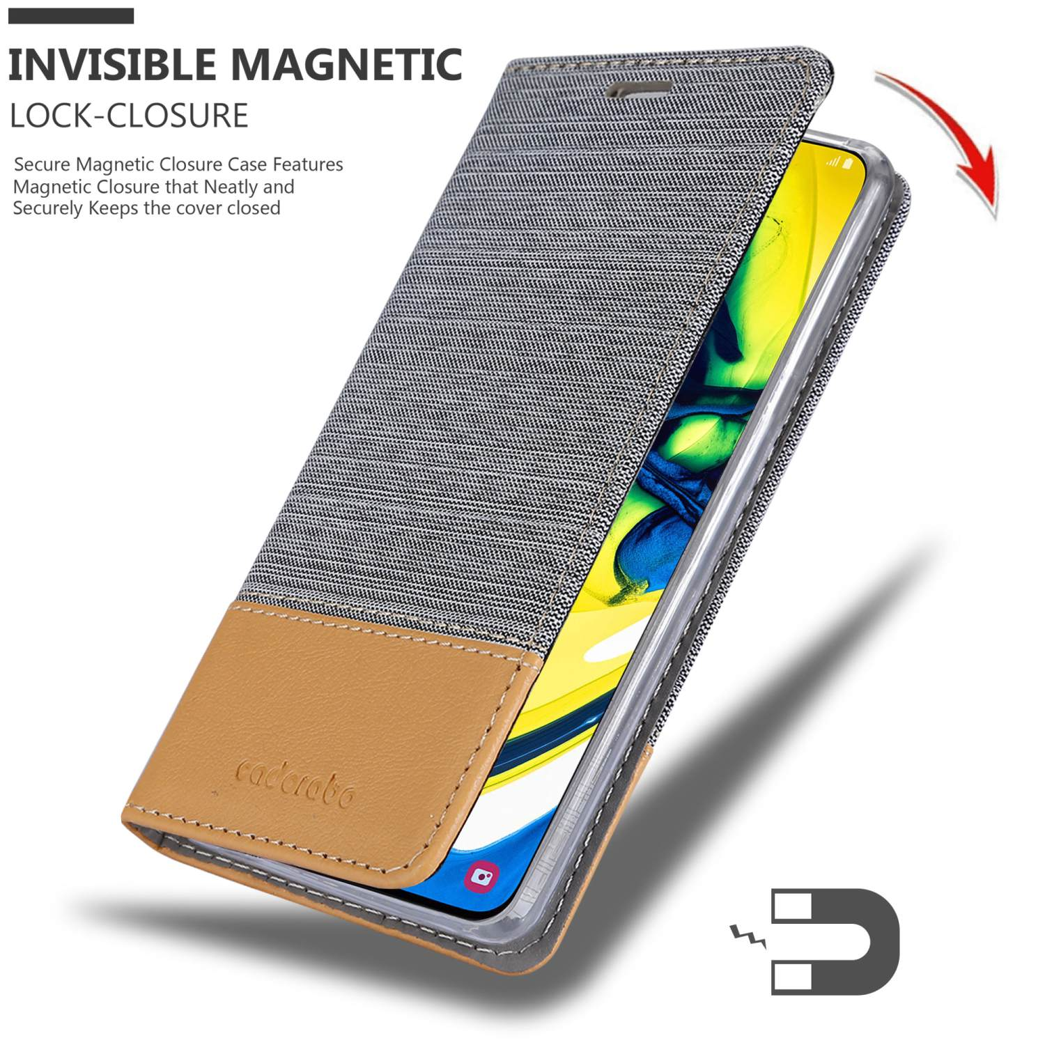 Telefono in una custodia con chiusura magnetica visibile. La custodia è beige e grigia.