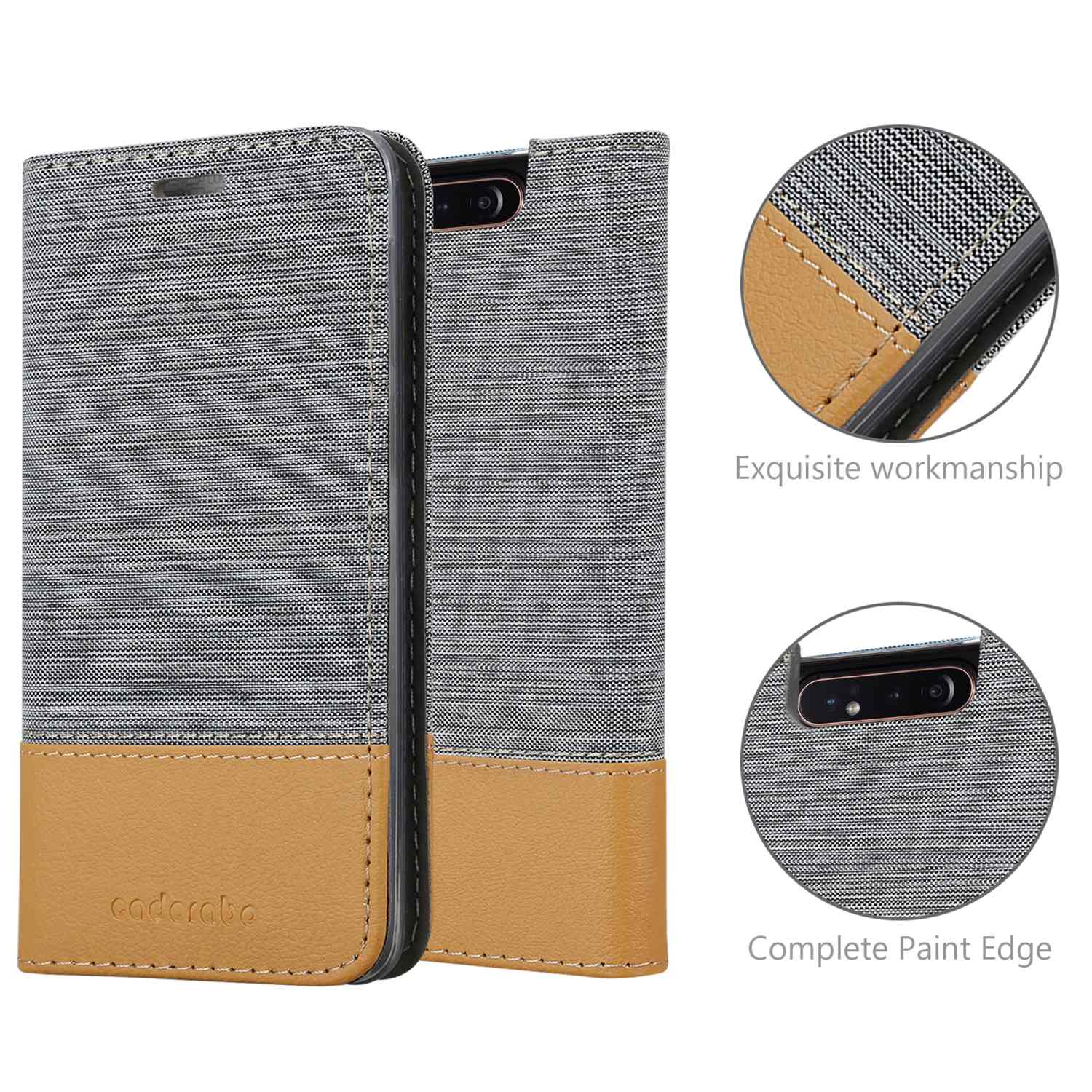 Custodia per telefono con texture in tessuto e pelle marrone chiaro. Dettagli ravvicinati mostrano cuciture e bordi.