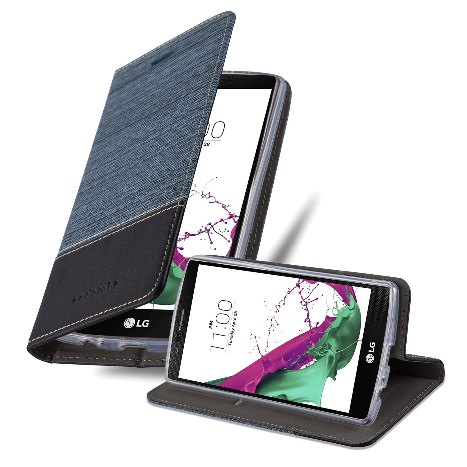 Zwei Telefone, eines mit geöffneter Hülle im Denim-Stil, das andere mit geöffnetem Telefon in einer grauen Hülle.